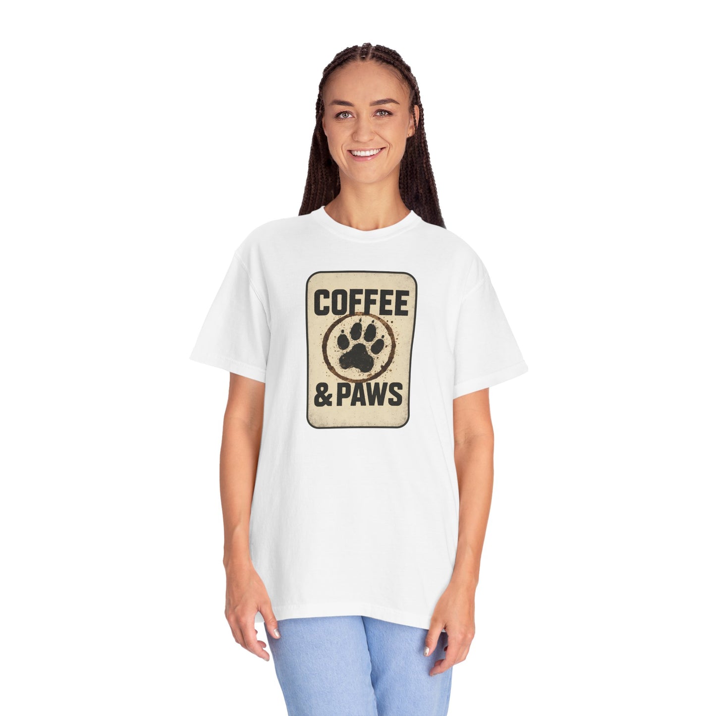 Coffee & Paws Unisex Garment-Dyed T-shirt, Dog Lover Tee, Pet Owner Gift, Coffee Lover Shirt, Animal Enthusiast Apparel, Casual Wear