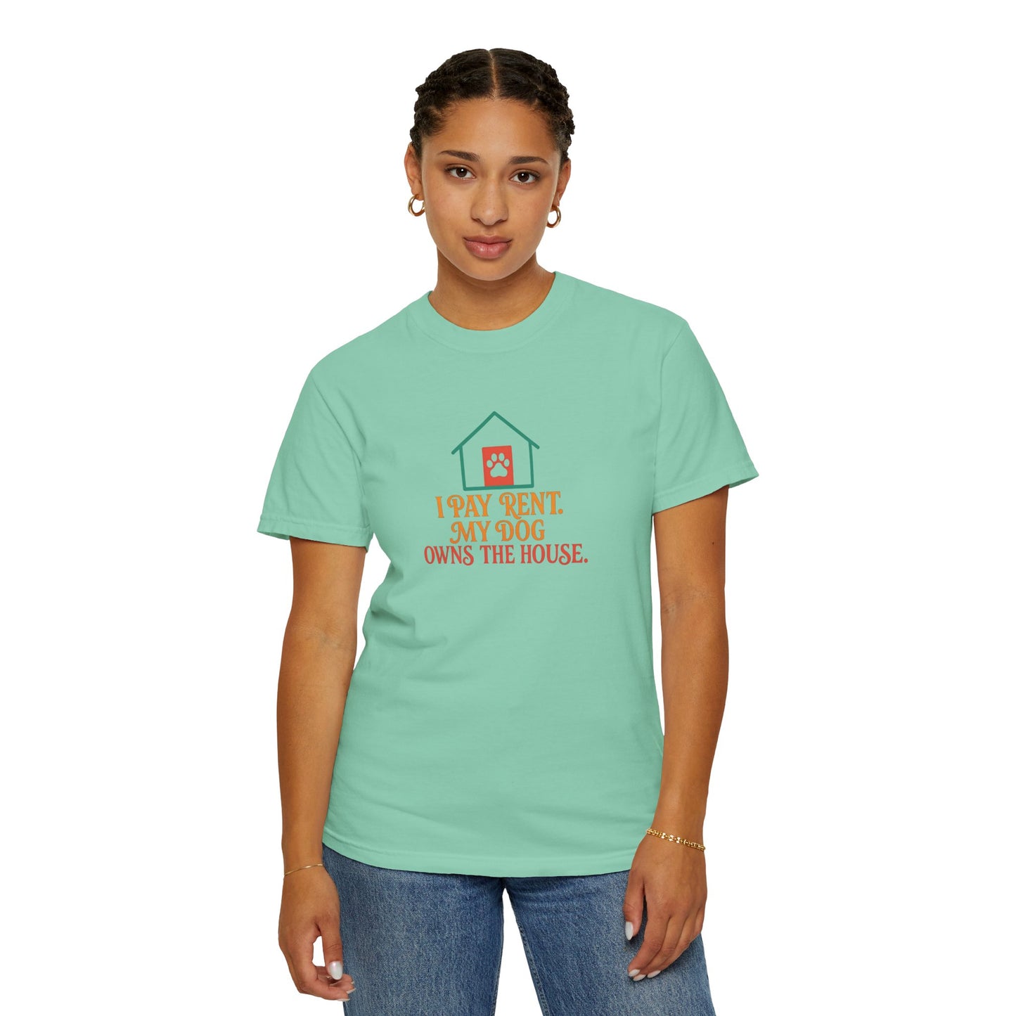 Dog Lover's Garment-Dyed Tee, I Pay Rent My Dog Owns the House Shirt, Pet Owner Gift, Funny Dog Shirt, Animal Lover Apparel