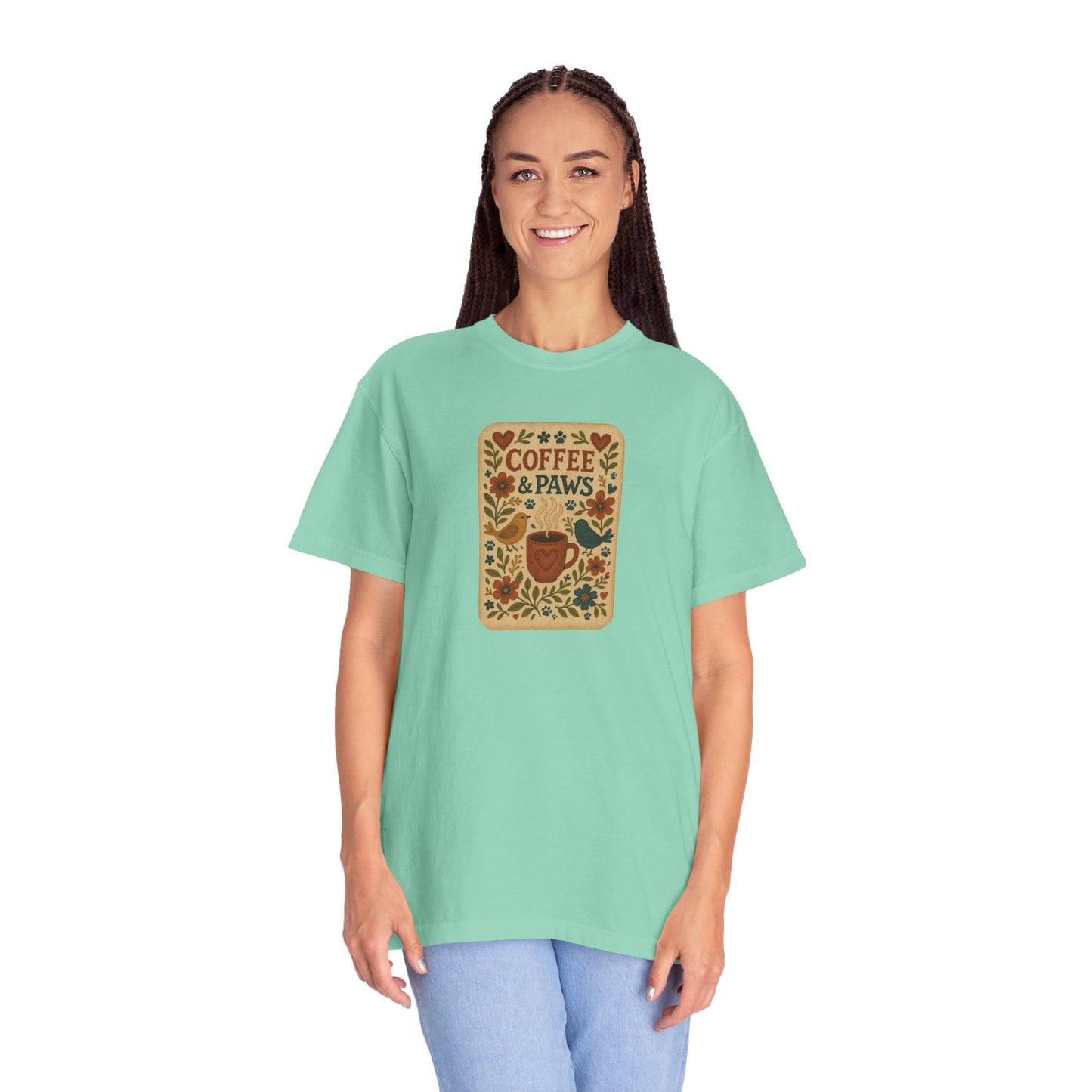 Coffee and Paws Unisex T-Shirt | Cute Pet Lover Tee, Gift for Dog Owners, Casual Wear, Animal Lover Apparel, Perfect for Coffee Lovers