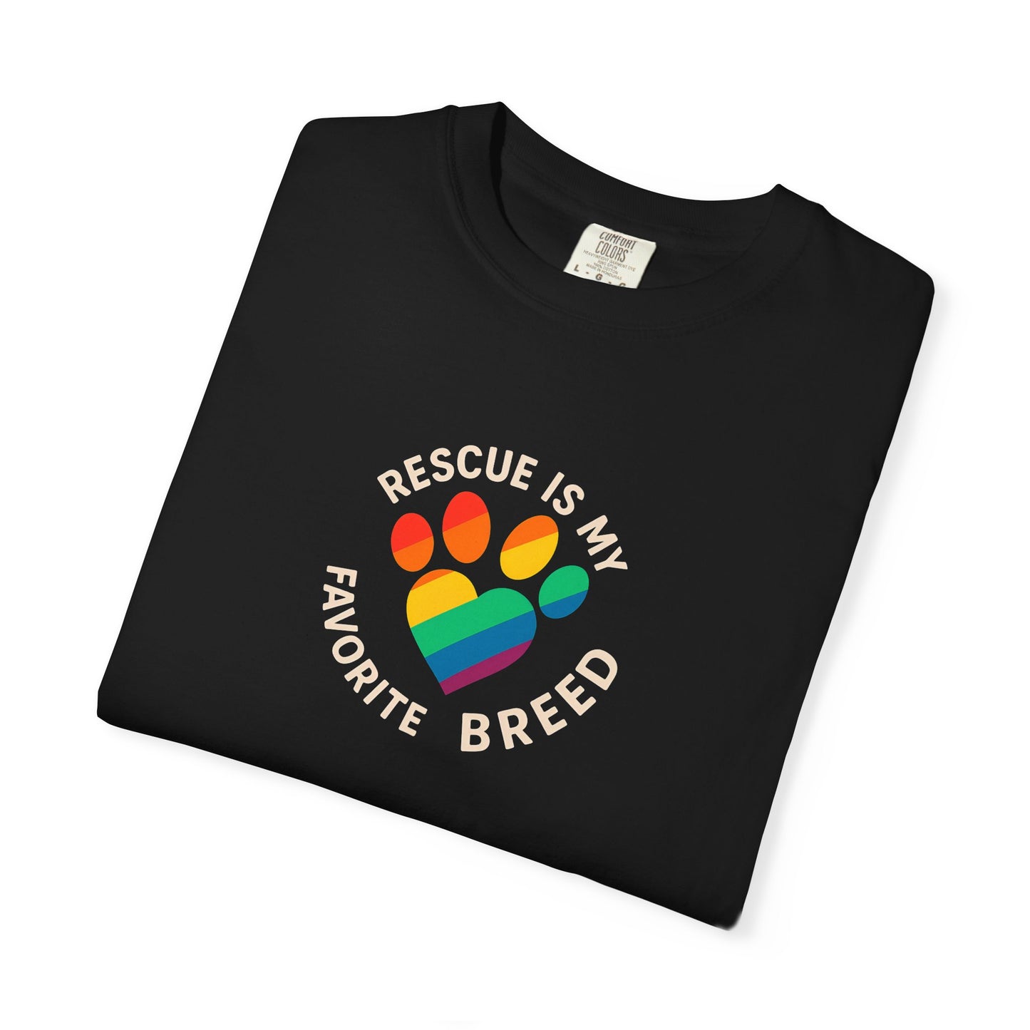 Rescue Is My Favorite Breed T-Shirt, Unisex Rainbow Dog Lover Tee, Pet Adoption Shirt, LGBTQ+ Apparel, Gift for Animal Lovers