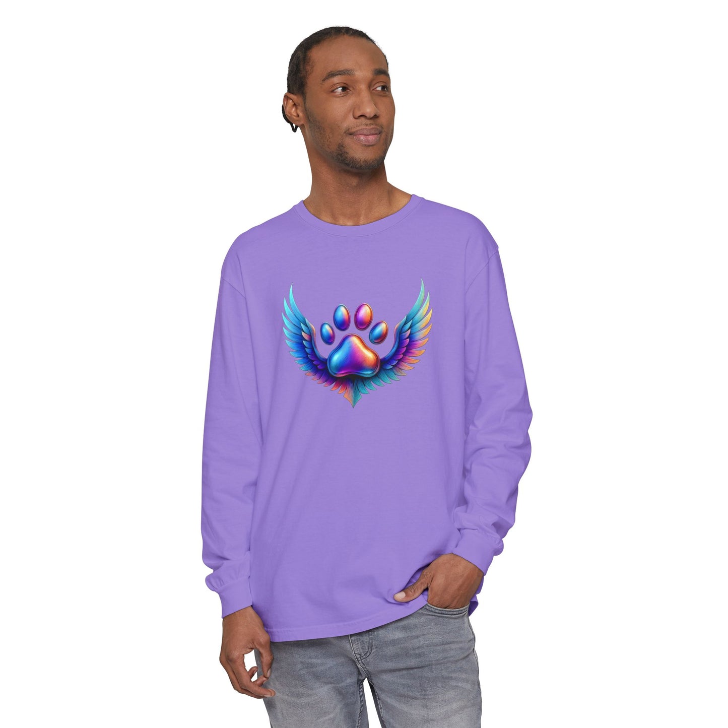 Colorful Paw Print Long Sleeve T-Shirt, Animal Lover Gift, Pet Memorial Tee, Winged Paw Shirt, Unisex Graphic Tee