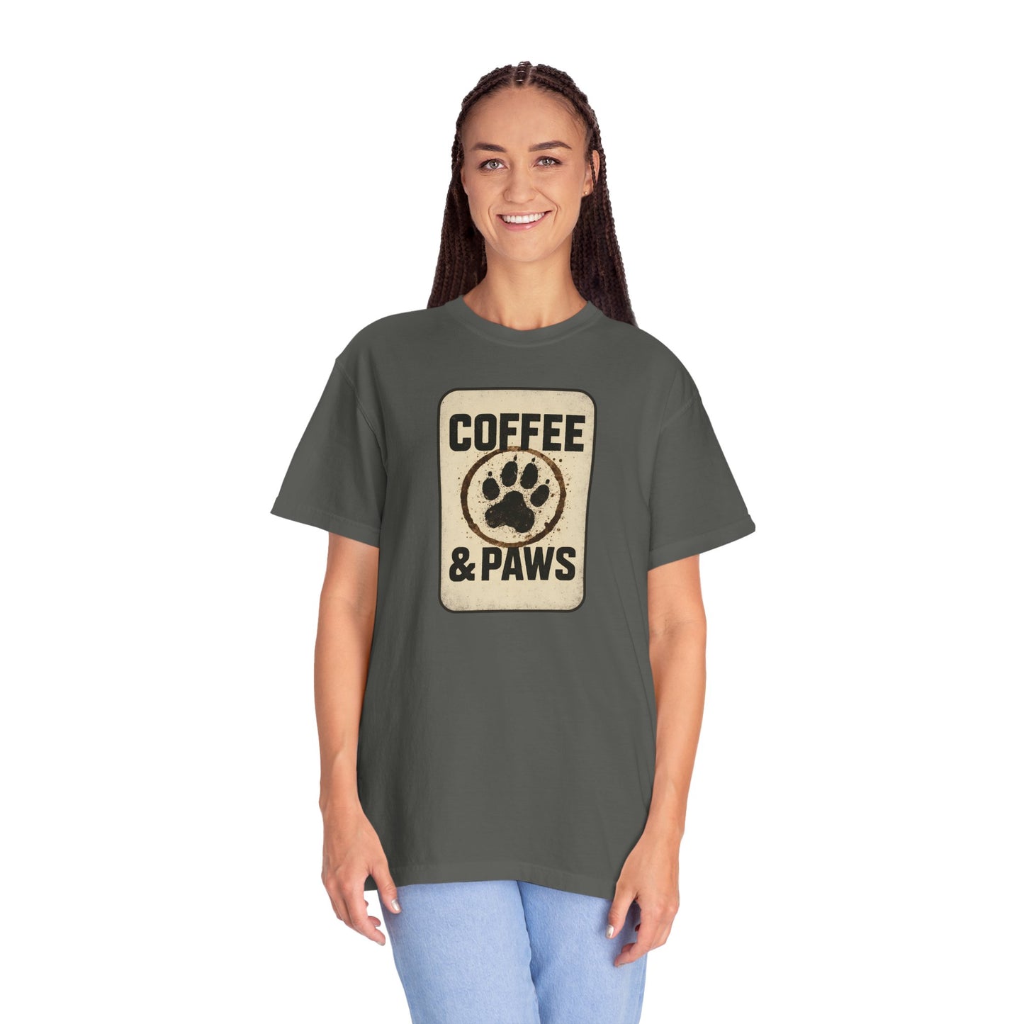 Coffee & Paws Unisex Garment-Dyed T-shirt, Dog Lover Tee, Pet Owner Gift, Coffee Lover Shirt, Animal Enthusiast Apparel, Casual Wear