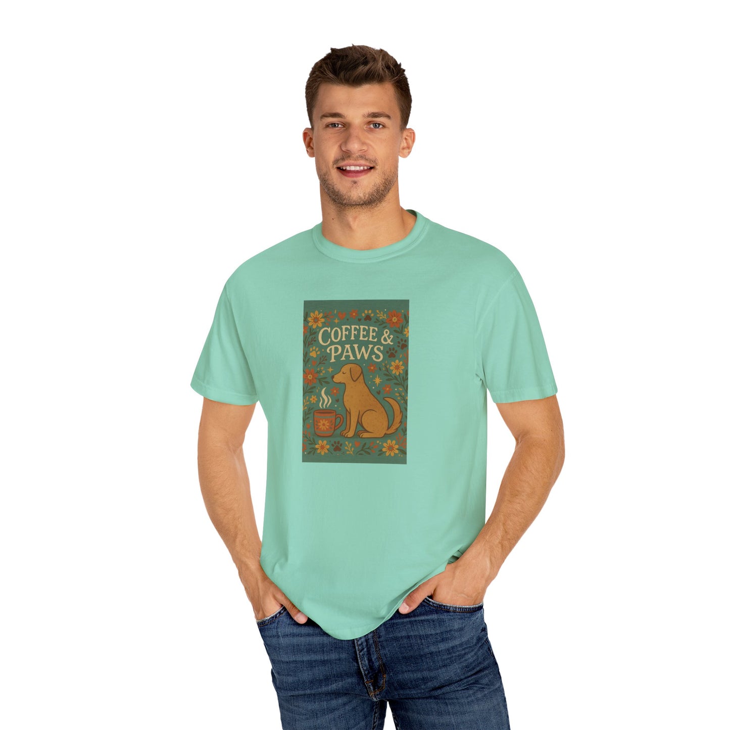 Coffee & Paws Unisex Garment-Dyed T-Shirt - Cute Dog Lovers Gift, Pet Owners Tee, Floral Design, Coffee Enthusiast Top, Casual Wear