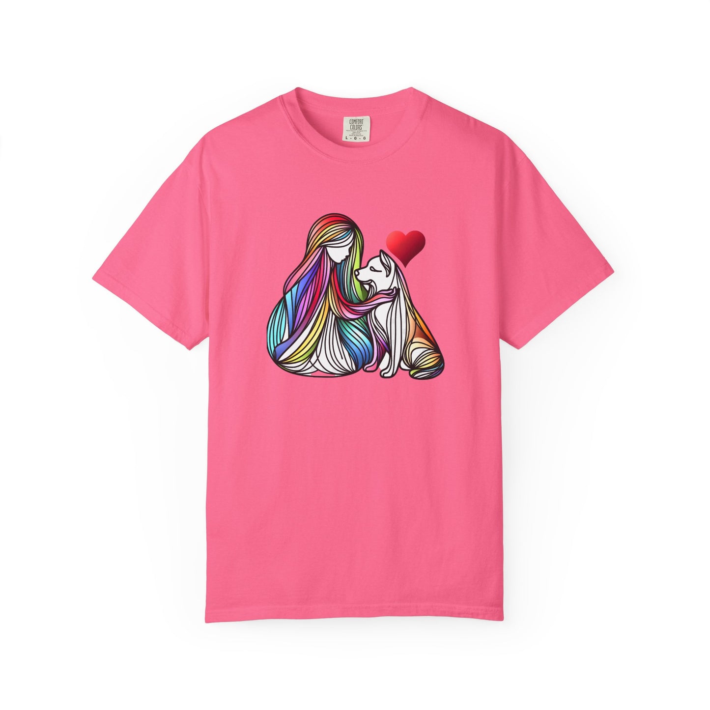 Colorful Dog Love Unisex T-Shirt - Garment-Dyed Cat & Woman Design