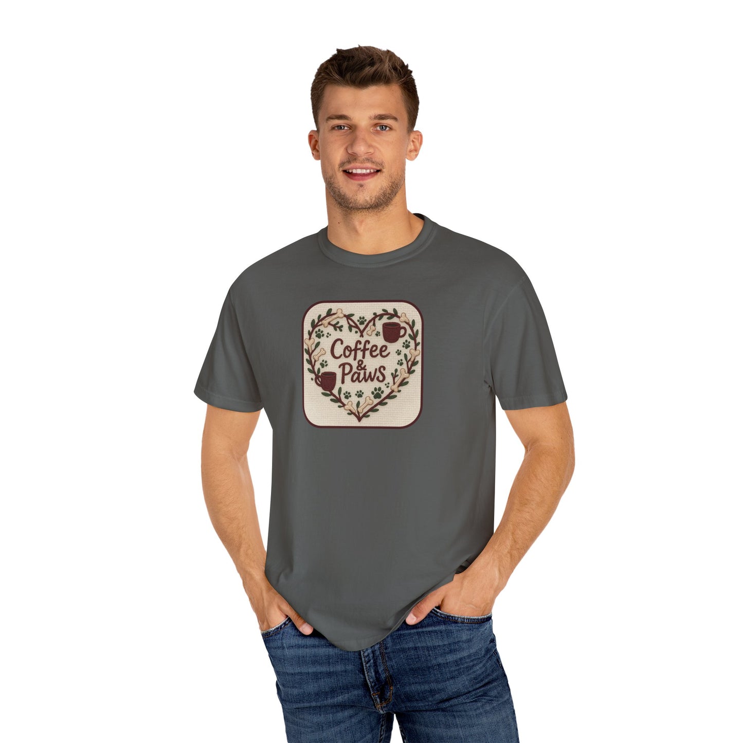Coffee Paws Unisex Garment-Dyed T-shirt, Cute Coffee Lover Tee, Gift for Dog Owners, Nature-Inspired Shirt, Cozy Casual Wear