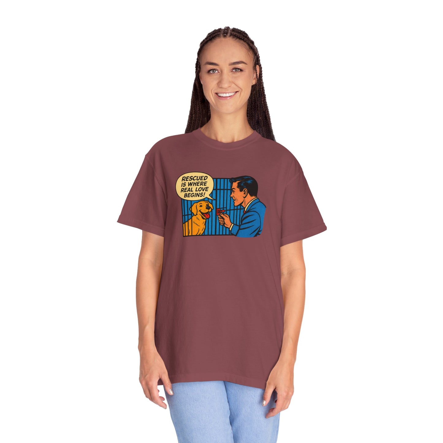 Rescued Is Where Real Love Begins Tee, Dog Lover T-Shirt, Vintage Style Animal Rights Shirt, Funny Pet Owner Gift, Animal Rescue Awareness Wear