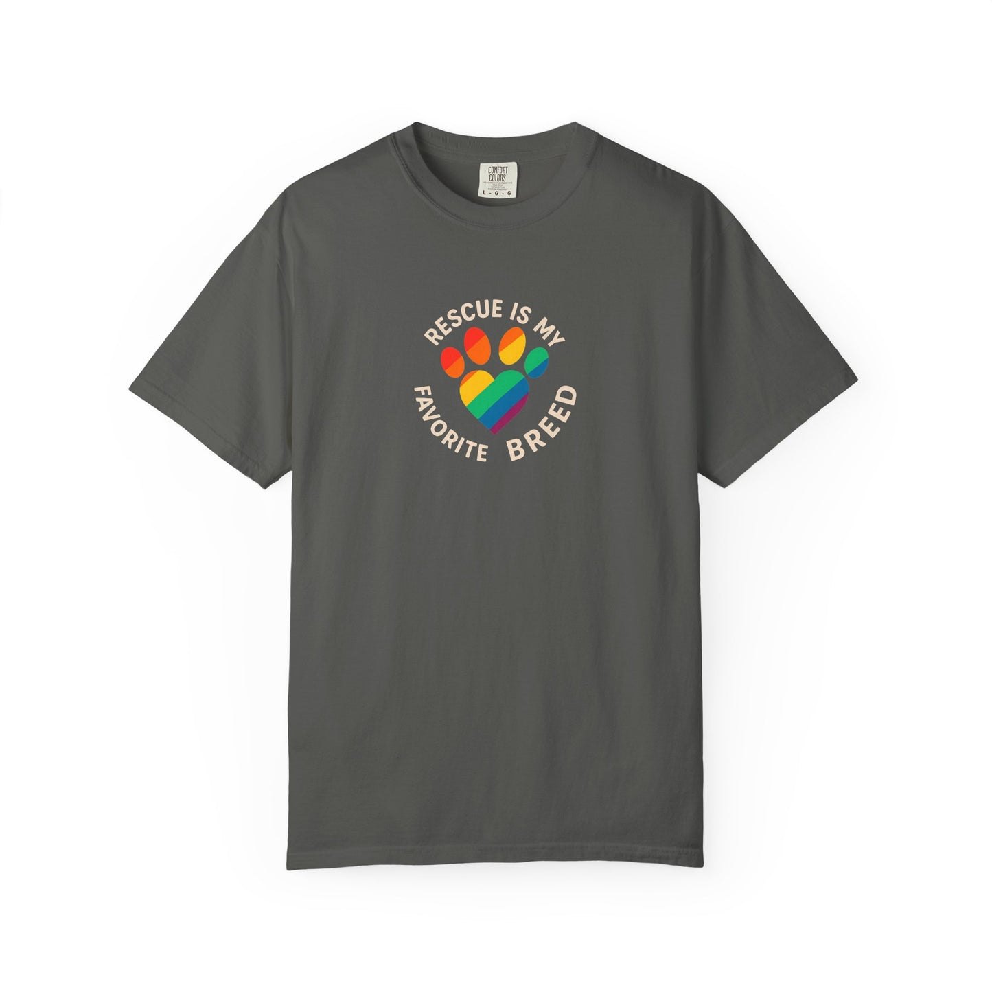 Rescue Is My Favorite Breed T-Shirt, Unisex Rainbow Dog Lover Tee, Pet Adoption Shirt, LGBTQ+ Apparel, Gift for Animal Lovers