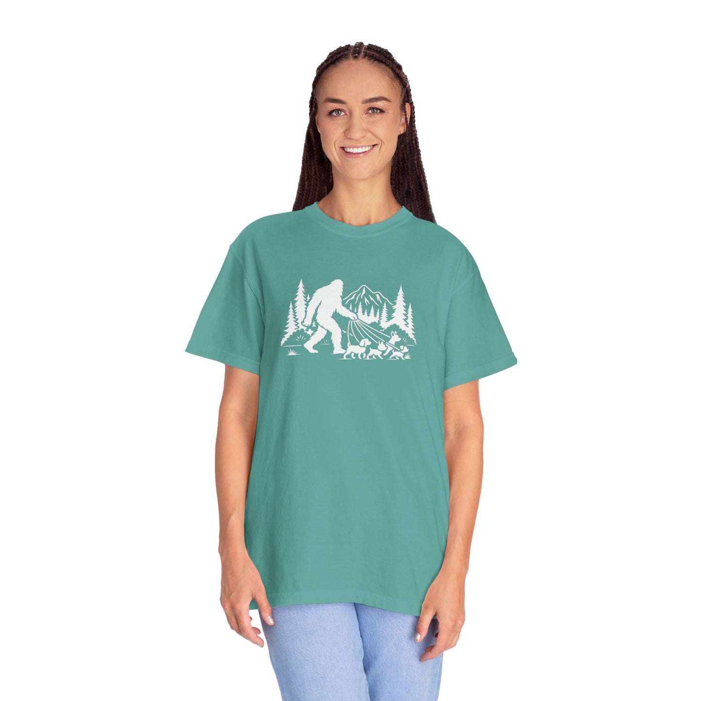 Bigfoot dog walk T-Shirt with Outdoor Adventure Design