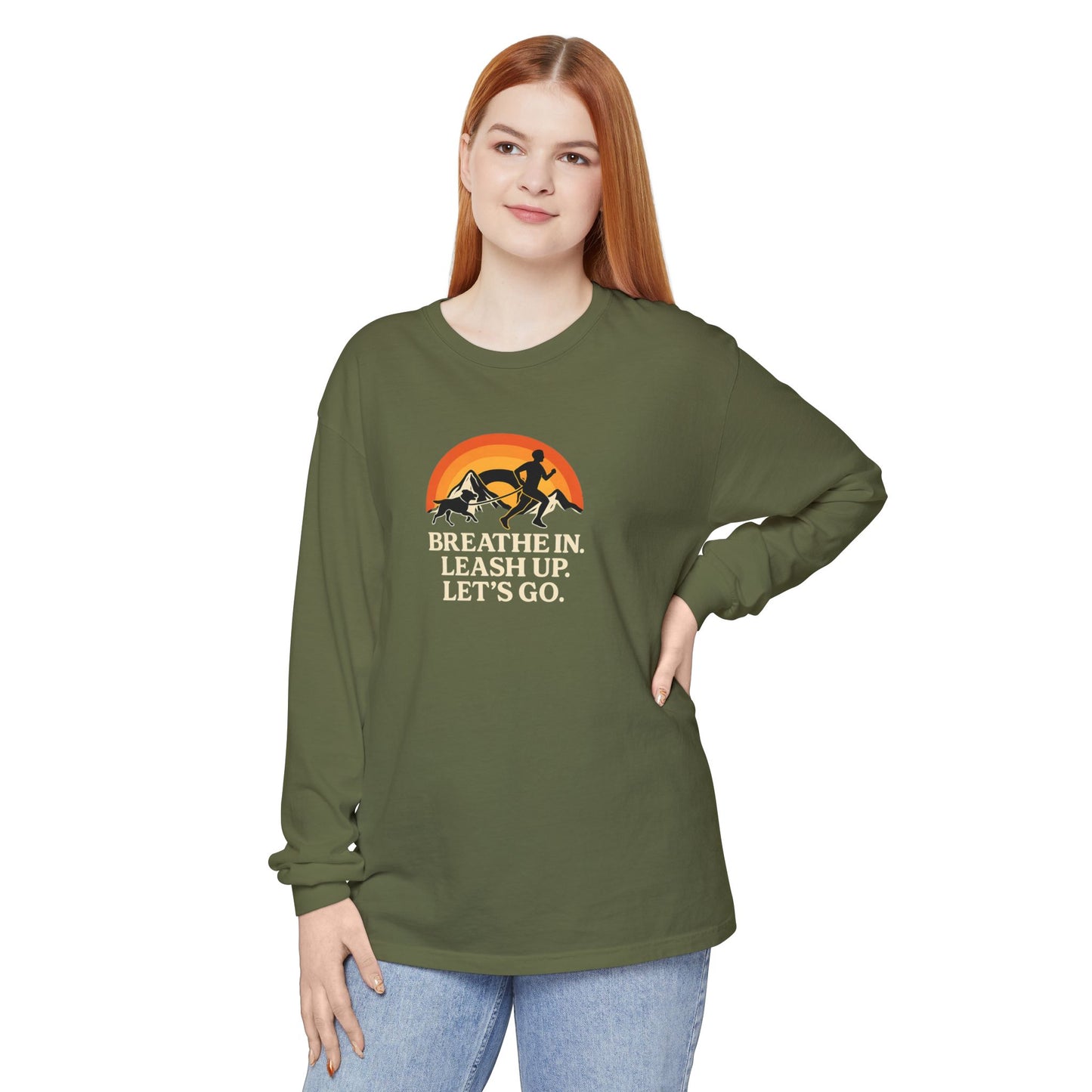 Canicross Unisex Long Sleeve T-Shirt - 'Breathe In, Leash Up, Let's Go'