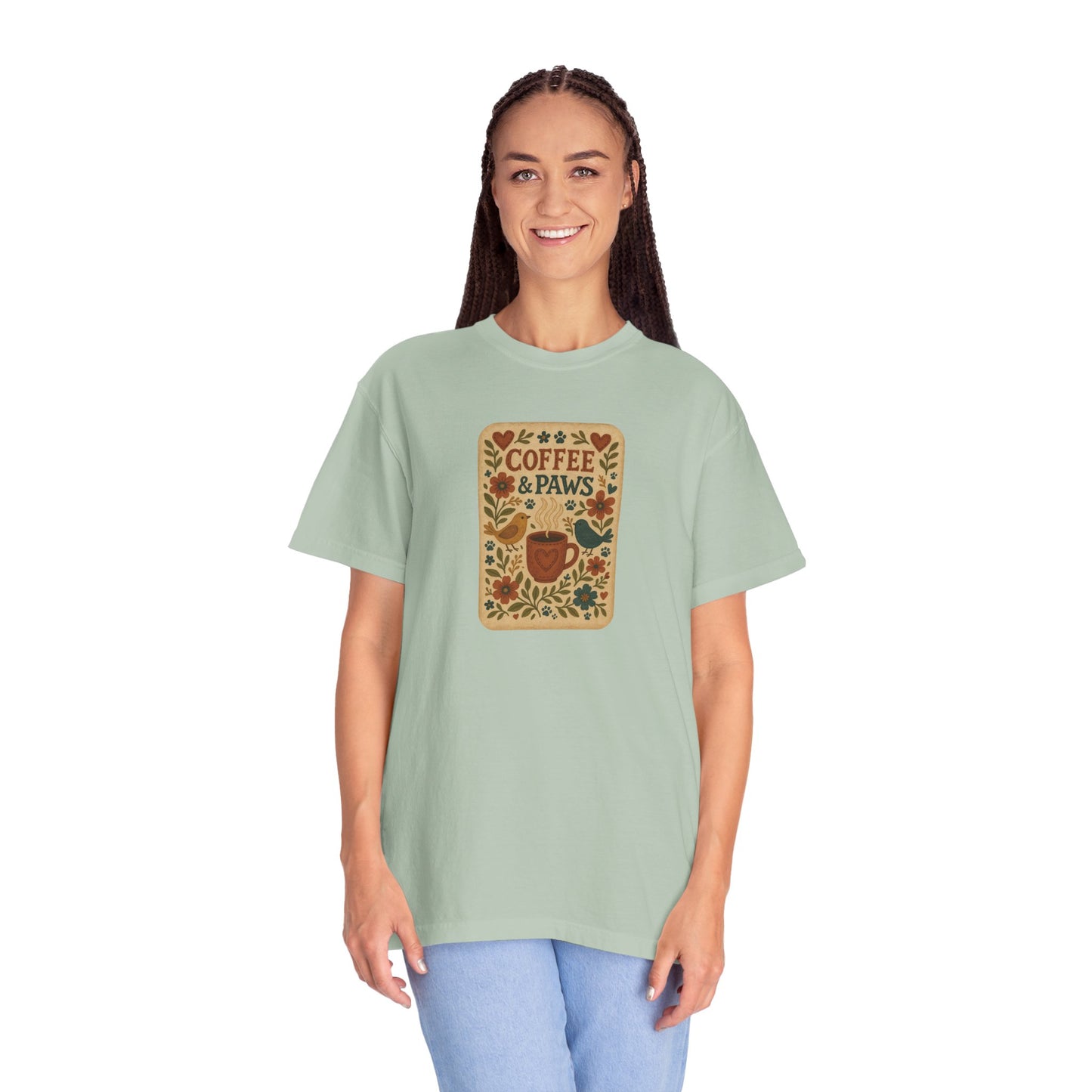 Coffee and Paws Unisex T-Shirt | Cute Pet Lover Tee, Gift for Dog Owners, Casual Wear, Animal Lover Apparel, Perfect for Coffee Lovers