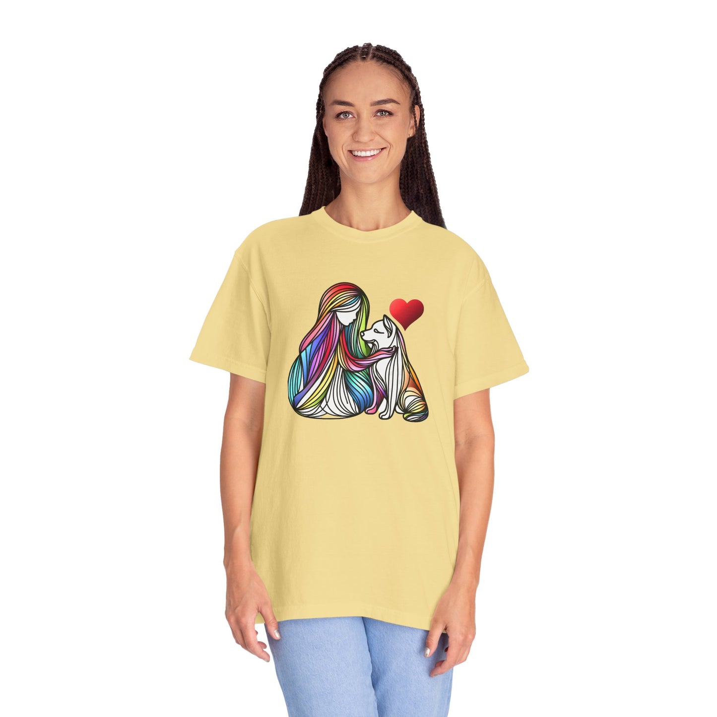 Colorful Dog Love Unisex T-Shirt - Garment-Dyed Cat & Woman Design