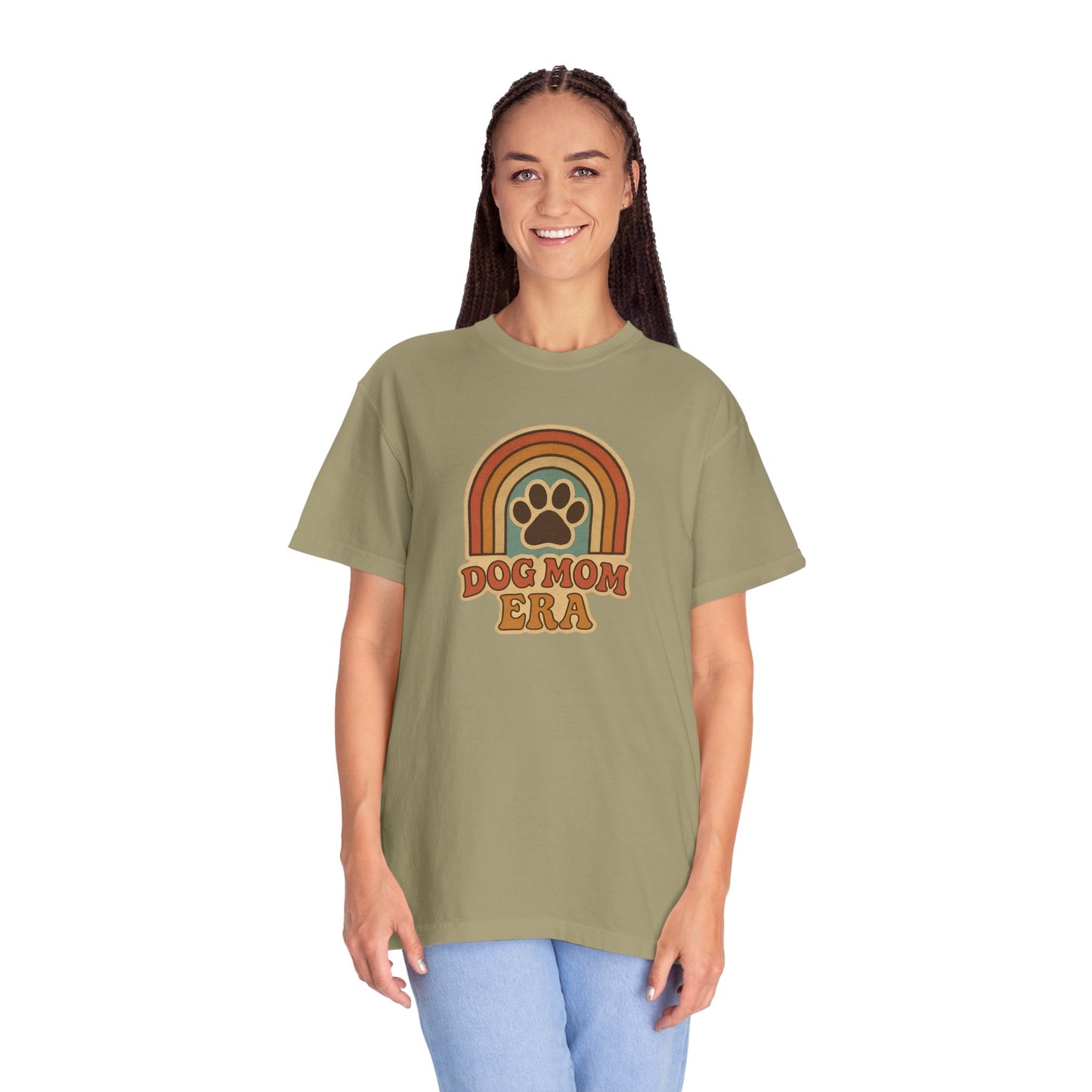 Dog Mom Era T-Shirt, Unisex Garment-Dyed Tee, Pet Lover Apparel, Gift for Dog Moms, Casual Everyday Wear, Rainbow Design