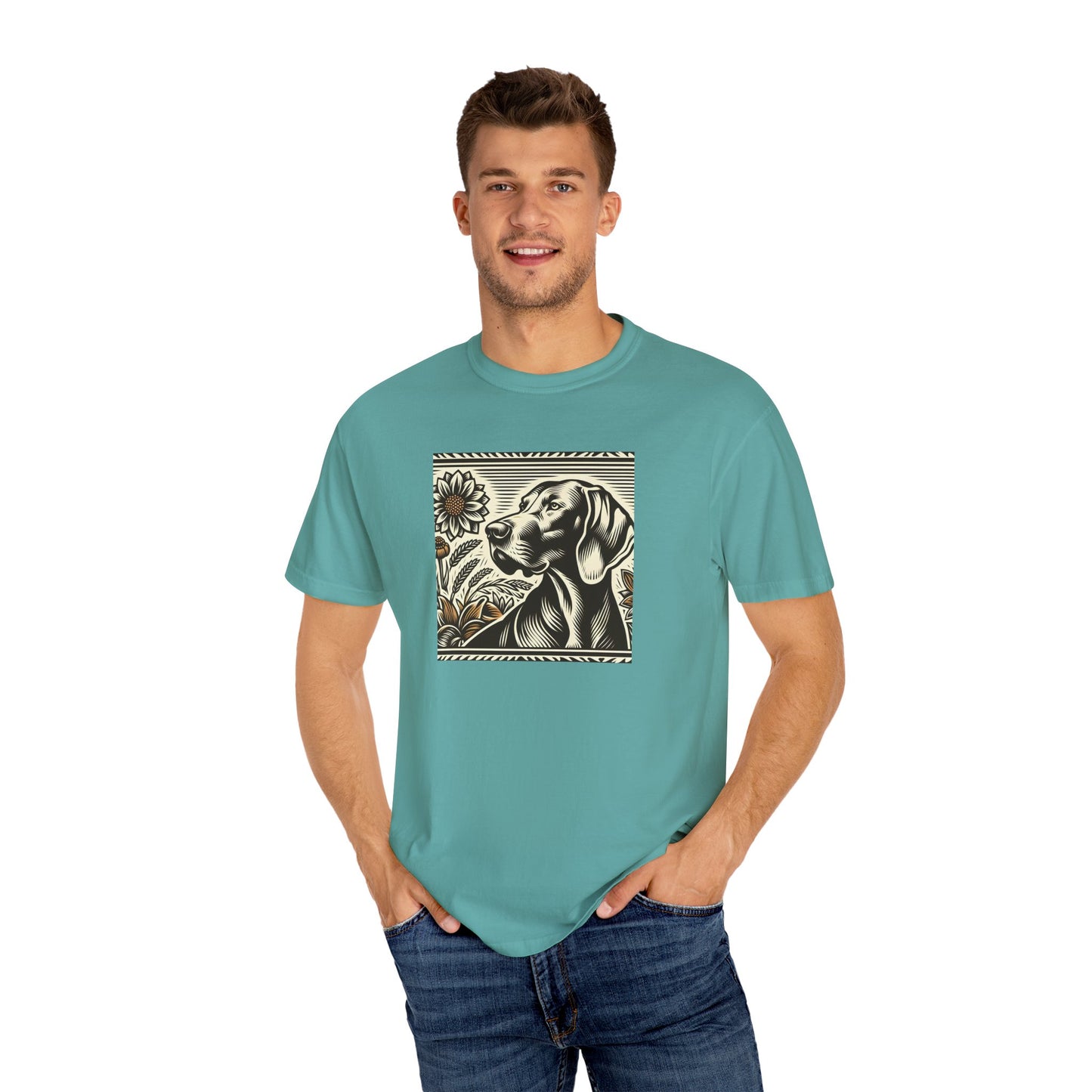 Weimaraner Dog Lover's Unisex Garment-Dyed T-Shirt with Floral Design