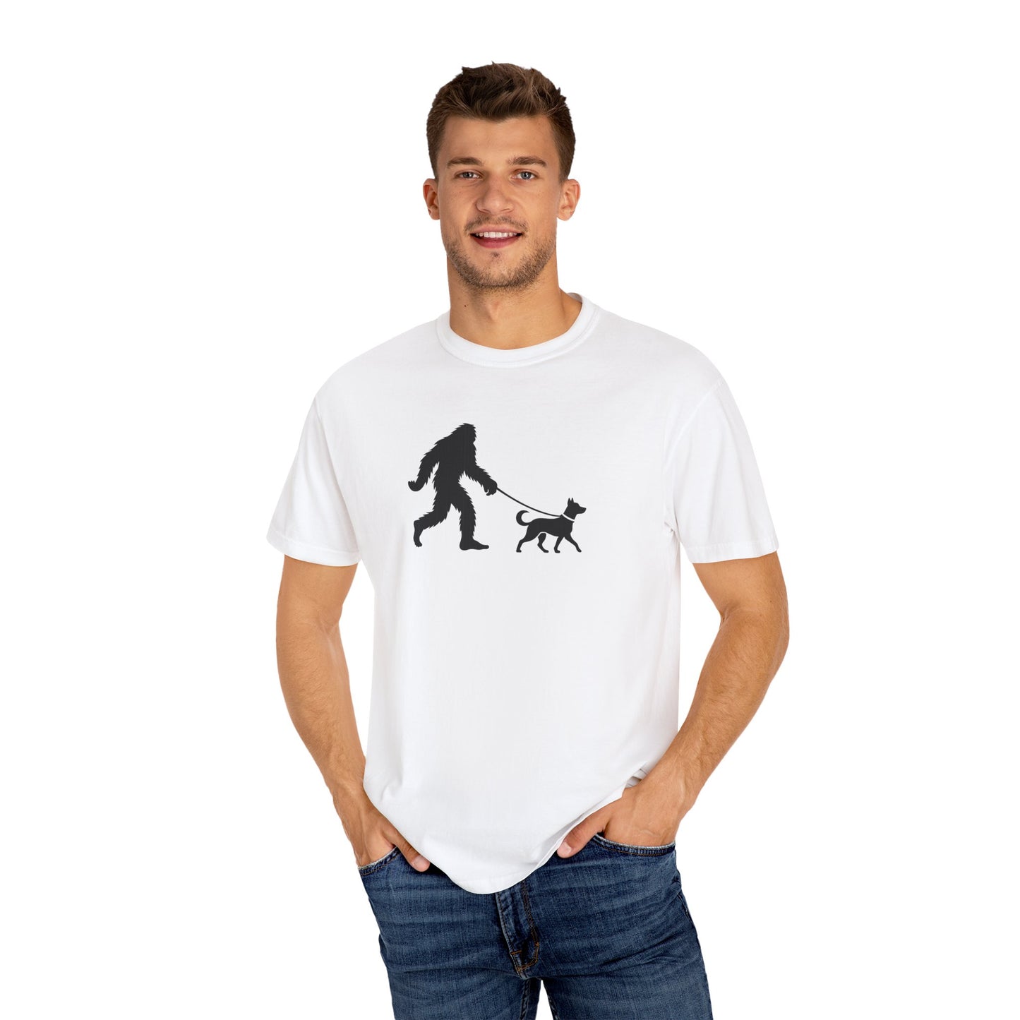 Bigfoot Walking Dog Unisex T-Shirt - Fun Graphic Tee