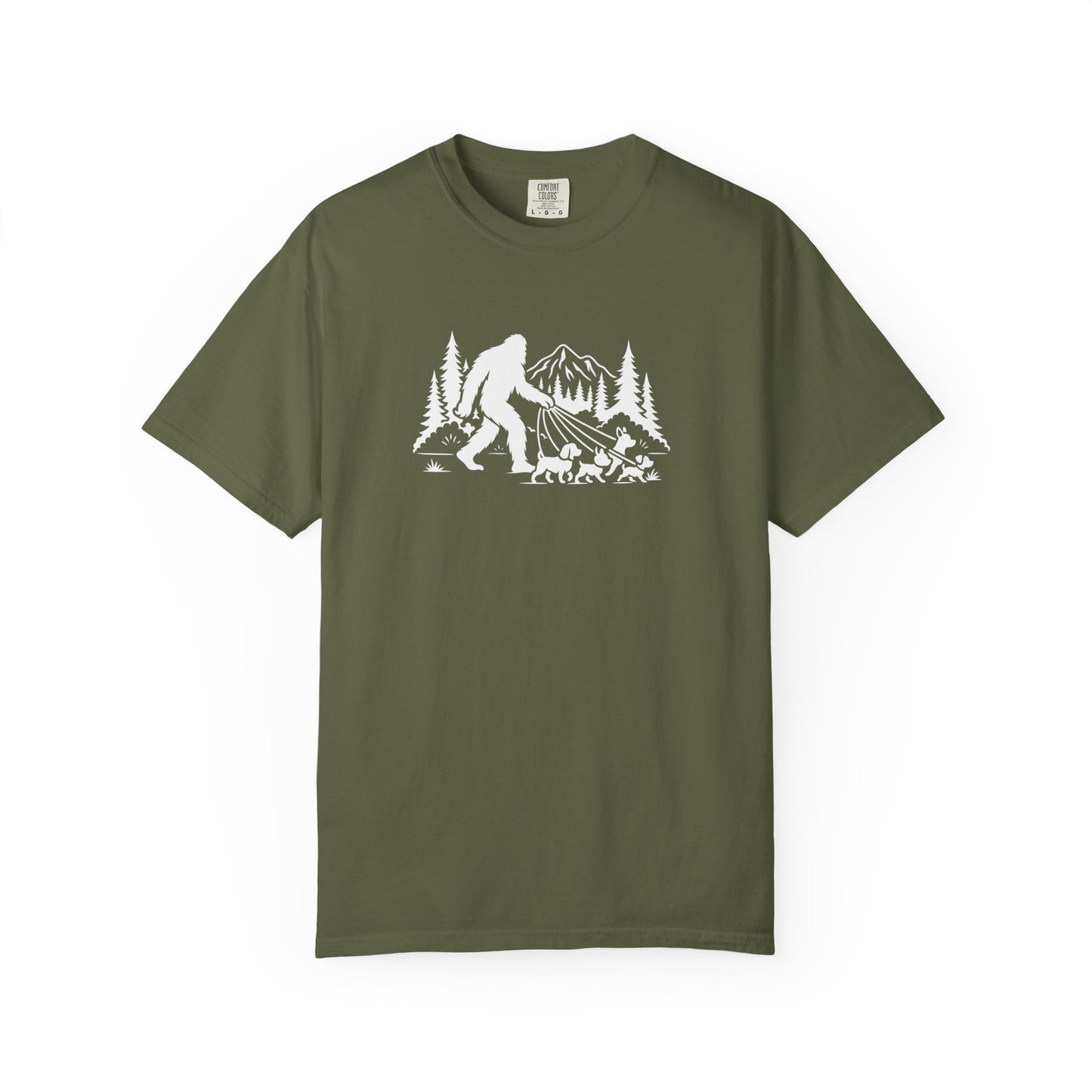 Bigfoot dog walk T-Shirt with Outdoor Adventure Design
