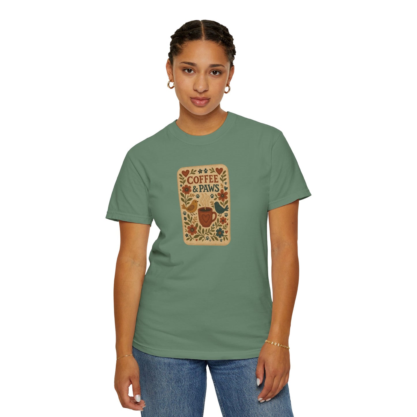 Coffee and Paws Unisex T-Shirt | Cute Pet Lover Tee, Gift for Dog Owners, Casual Wear, Animal Lover Apparel, Perfect for Coffee Lovers