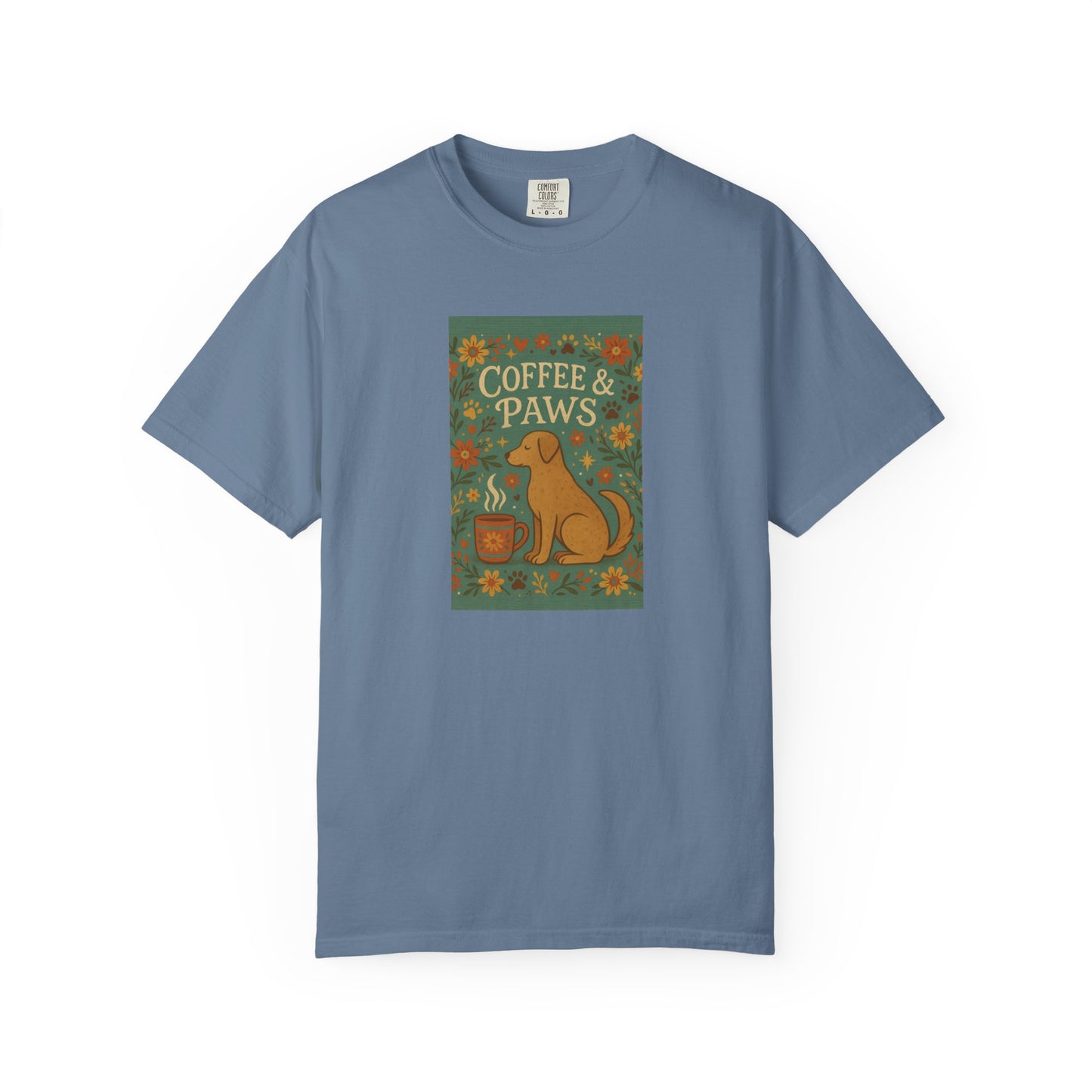 Coffee & Paws Unisex Garment-Dyed T-Shirt - Cute Dog Lovers Gift, Pet Owners Tee, Floral Design, Coffee Enthusiast Top, Casual Wear