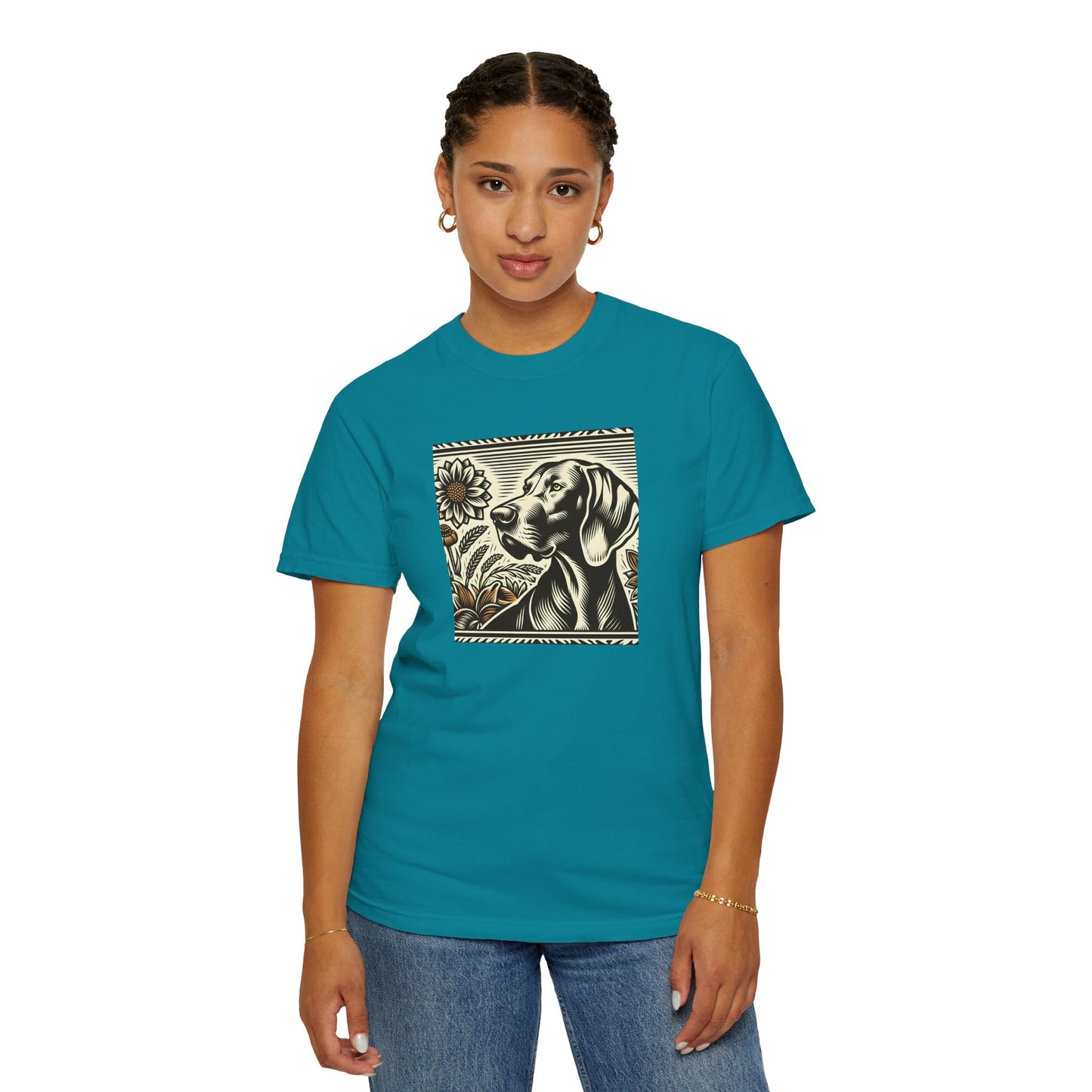 Weimaraner Dog Lover's Unisex Garment-Dyed T-Shirt with Floral Design