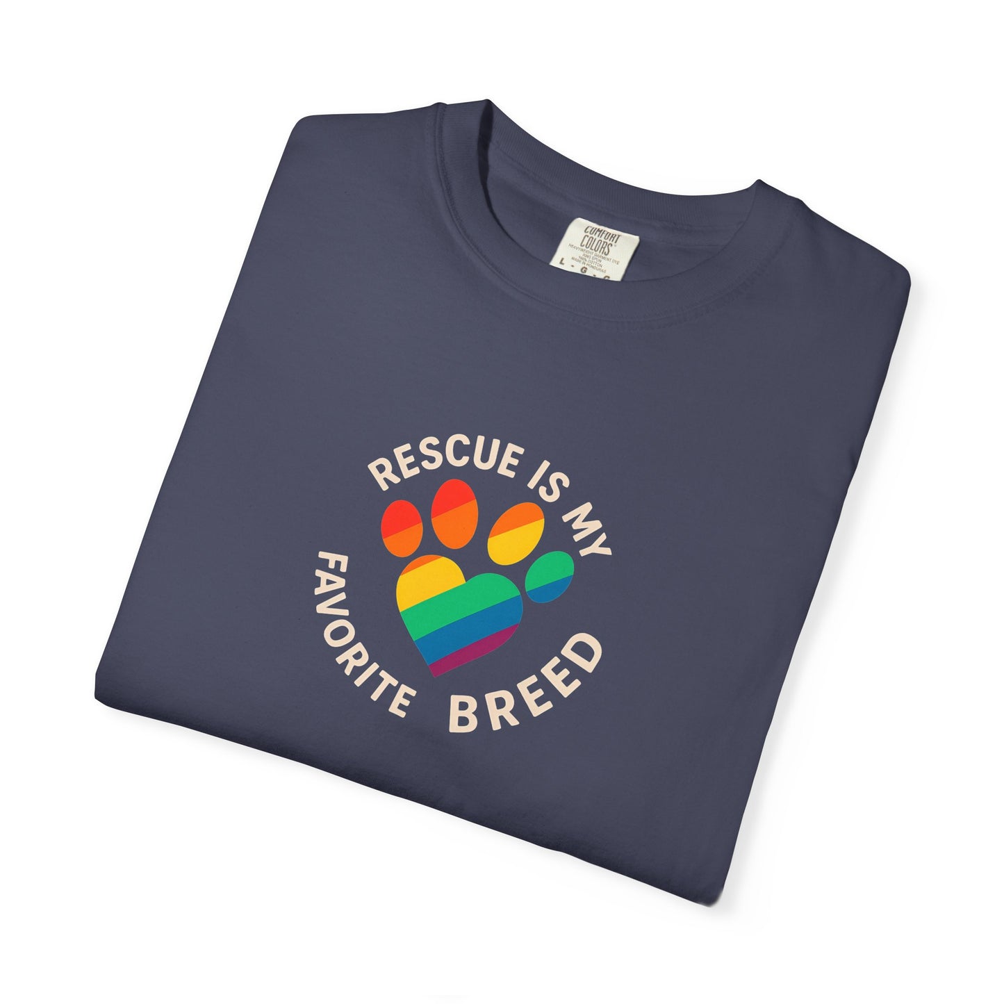 Rescue Is My Favorite Breed T-Shirt, Unisex Rainbow Dog Lover Tee, Pet Adoption Shirt, LGBTQ+ Apparel, Gift for Animal Lovers