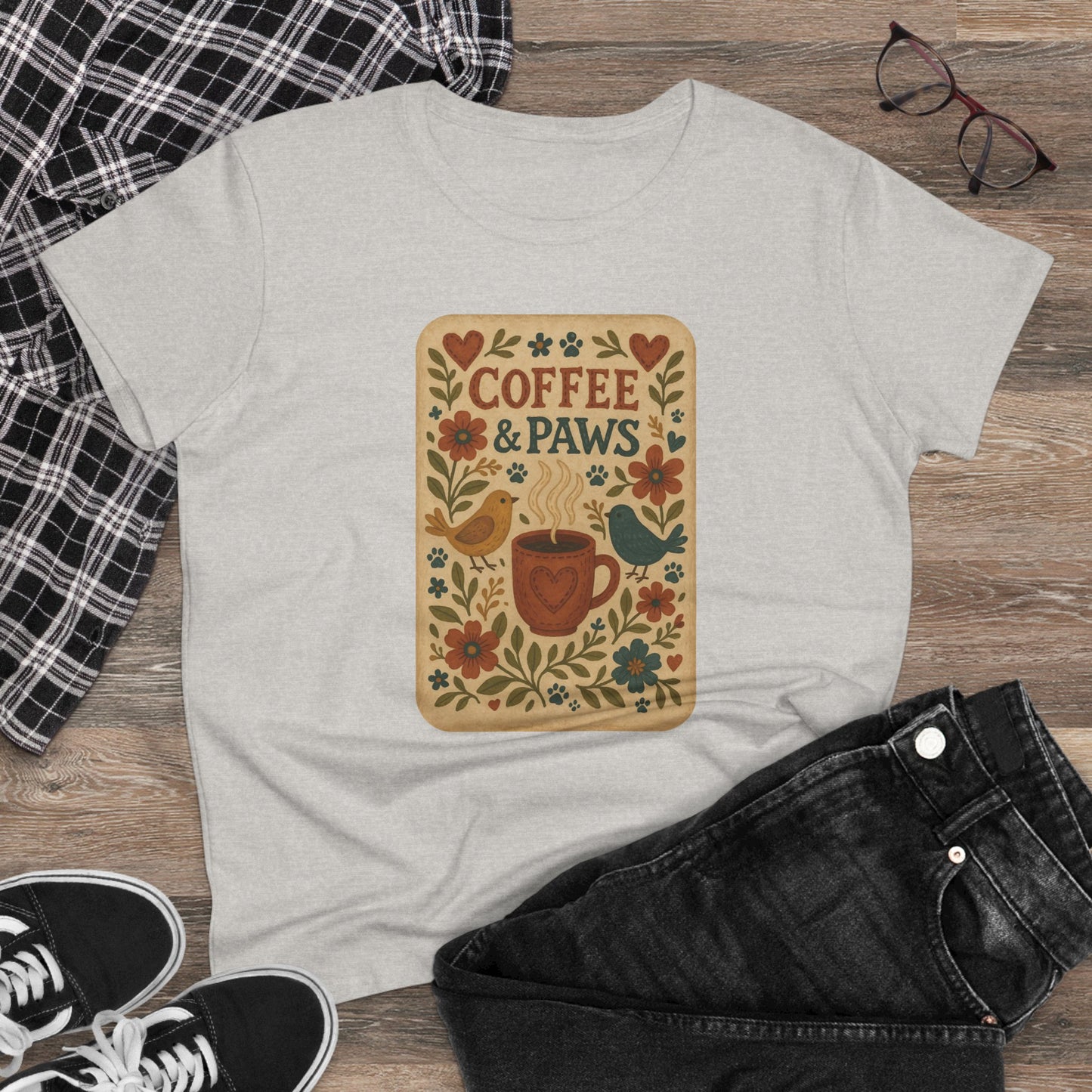 Coffee & Paws Women's Tee - Cozy Cotton Shirt for Pet Lovers, Casual Wear, Gift for Dog Owners, Dog Mom Merchandise, Animal Lover Tee