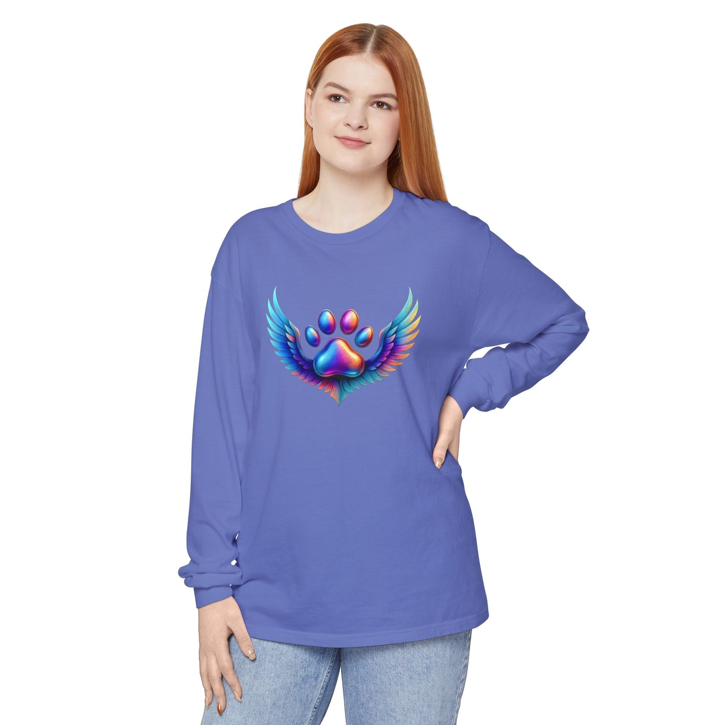 Colorful Paw Print Long Sleeve T-Shirt, Animal Lover Gift, Pet Memorial Tee, Winged Paw Shirt, Unisex Graphic Tee