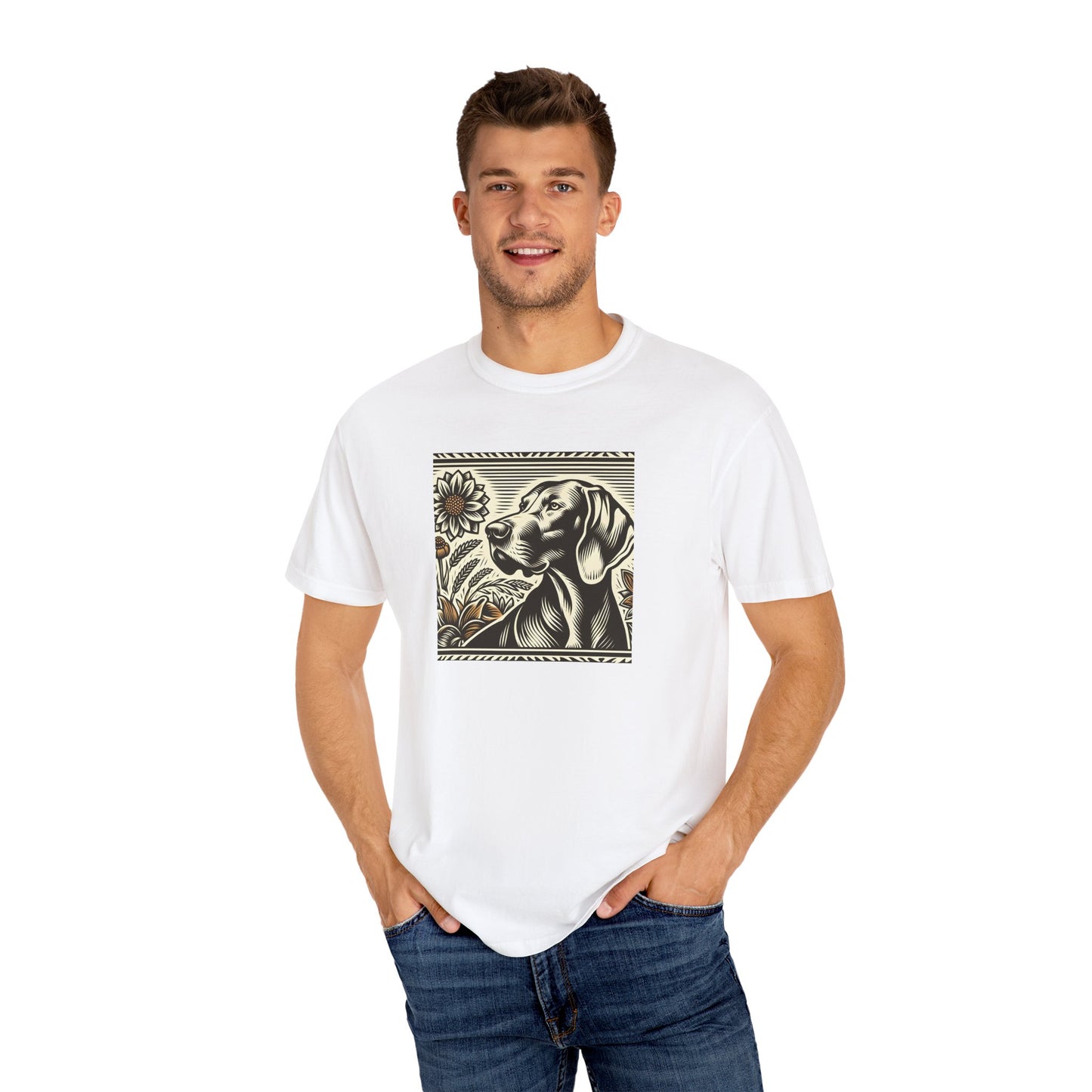 Weimaraner Dog Lover's Unisex Garment-Dyed T-Shirt with Floral Design