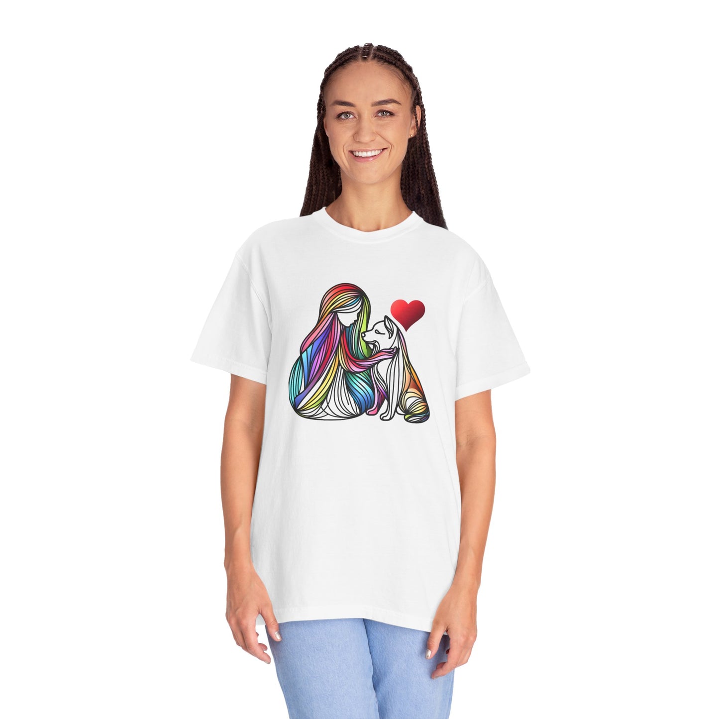 Colorful Dog Love Unisex T-Shirt - Garment-Dyed Cat & Woman Design