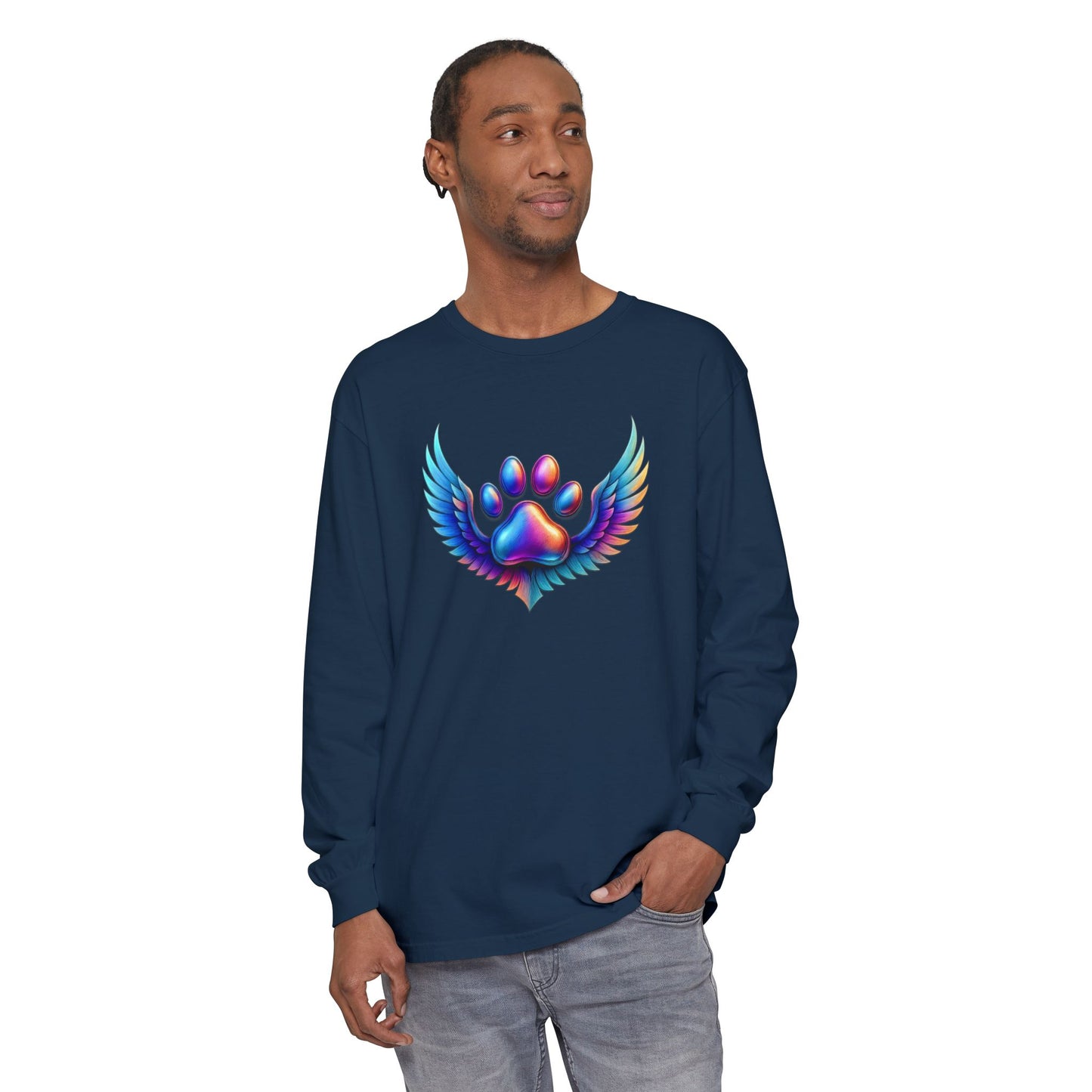 Colorful Paw Print Long Sleeve T-Shirt, Animal Lover Gift, Pet Memorial Tee, Winged Paw Shirt, Unisex Graphic Tee