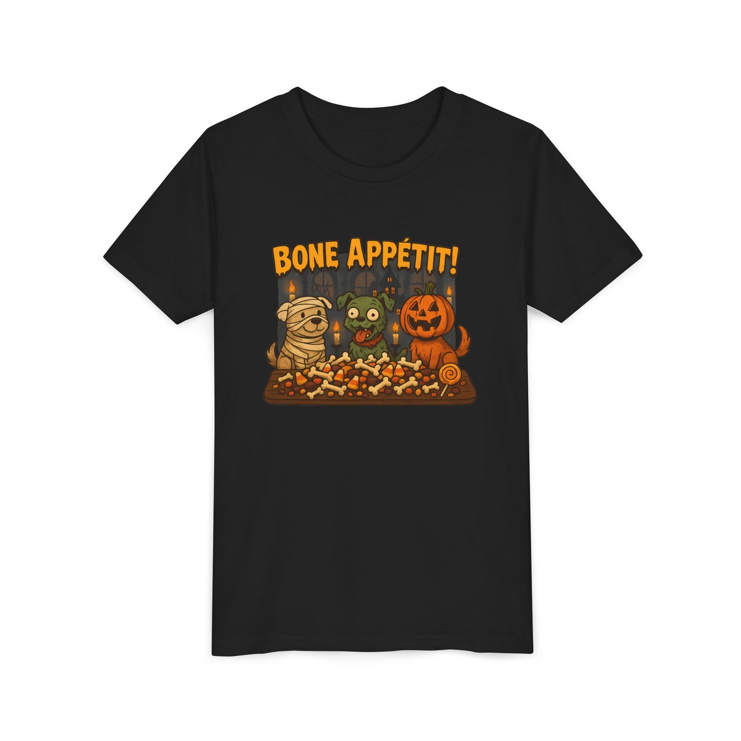 Halloween Kids Tee - Bone Appetit! Funny Short Sleeve Shirt for Trick or Treat, Spooky Season, Gift for Kids
