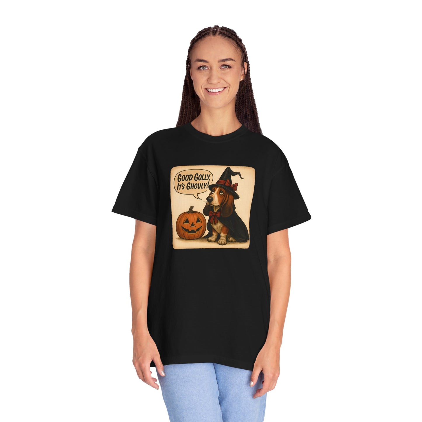 Halloween-Themed Unisex T-Shirt, Whimsical Dog Design, Cute Witch Shirt, Fall Fashion Top, Trick or Treat Apparel