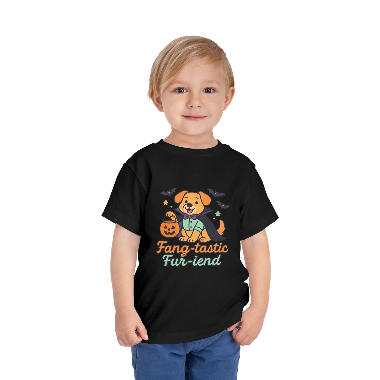 Fang-tastic Fur-iend Toddler Tee, Halloween Shirt for Kids, Cute Dog Graphic Tee, Toddler Halloween Outfit, Fall Celebration T-Shirt