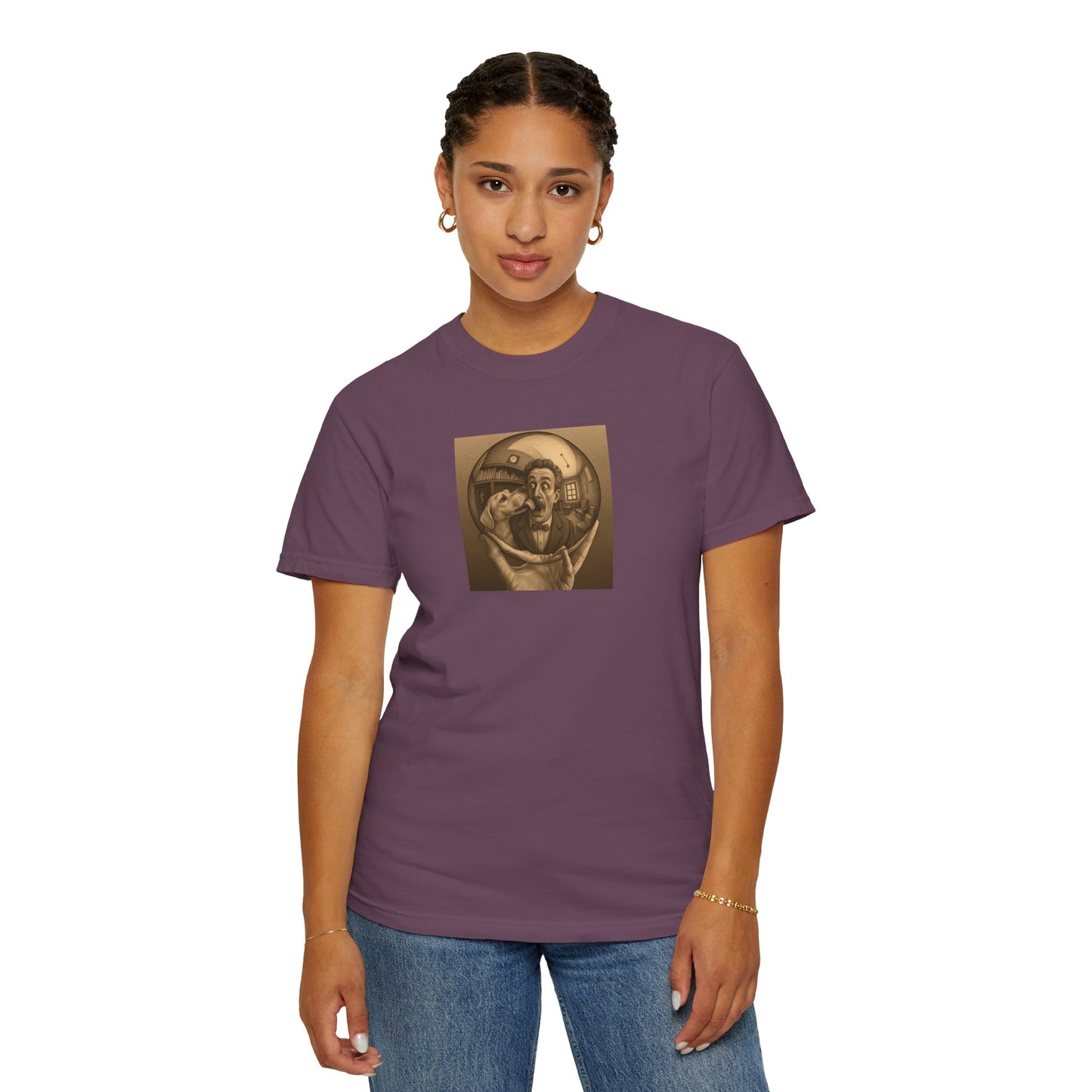 MC Escher and His Dog Unisex Garment-Dyed T-shirt - Retro Design for Creative Souls