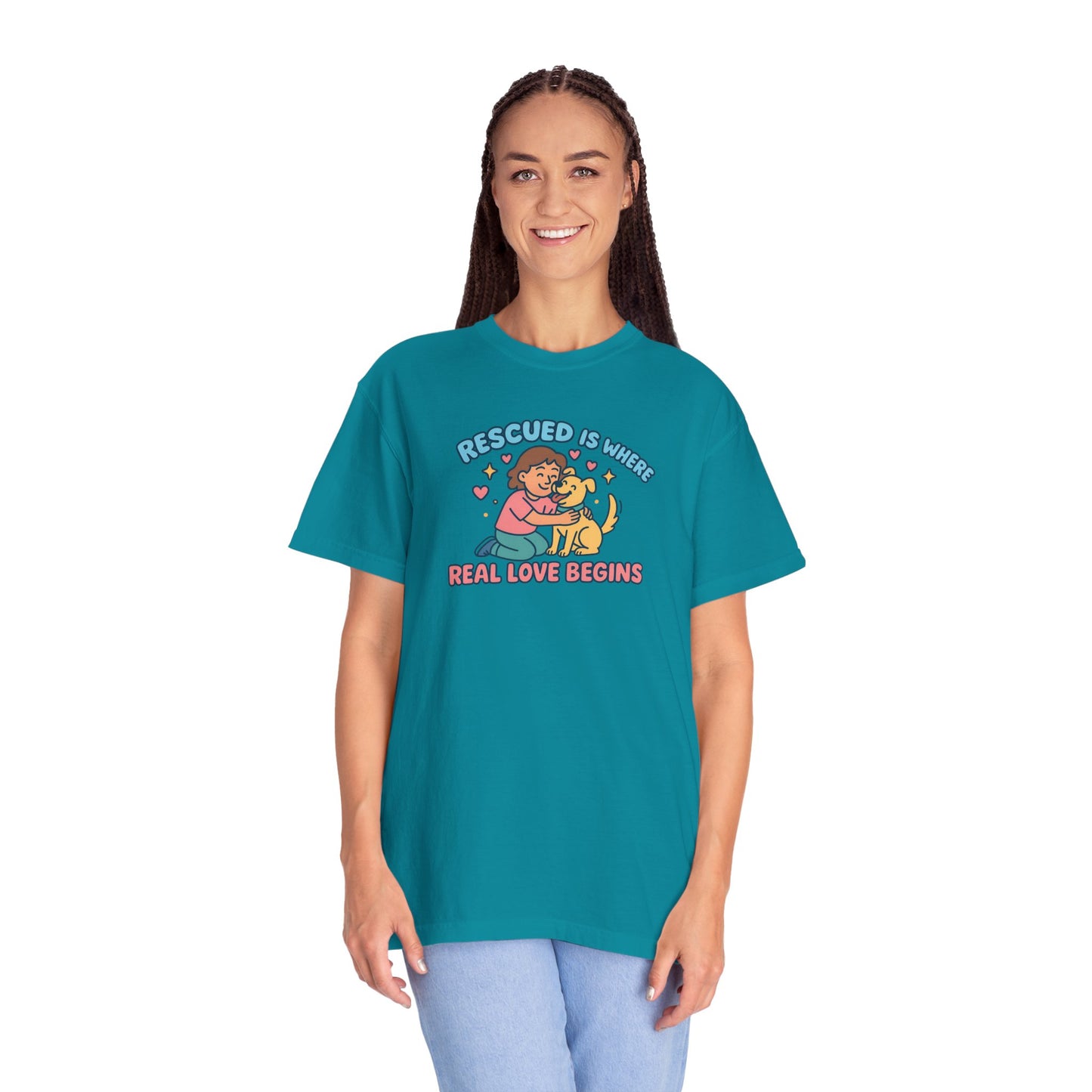 Rescued Is Where Real Love Begins Unisex T-Shirt - For Animal Lovers, Gift for Dog Owners, Adoption Awareness Tee, Casual Wear, Eco-Friendly Fashion