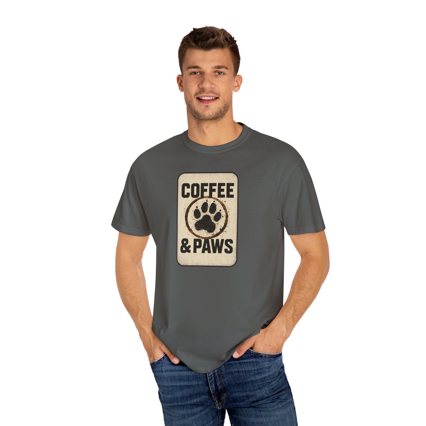 Coffee & Paws Unisex Garment-Dyed T-shirt, Dog Lover Tee, Pet Owner Gift, Coffee Lover Shirt, Animal Enthusiast Apparel, Casual Wear
