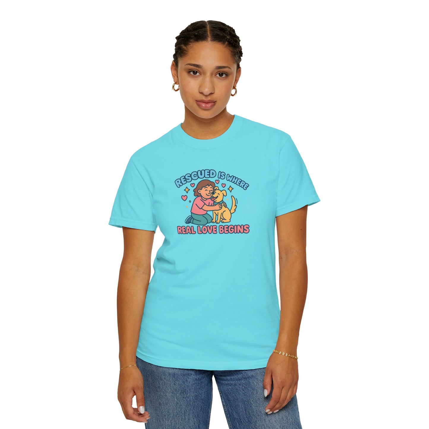 Rescued Is Where Real Love Begins Unisex T-Shirt - For Animal Lovers, Gift for Dog Owners, Adoption Awareness Tee, Casual Wear, Eco-Friendly Fashion