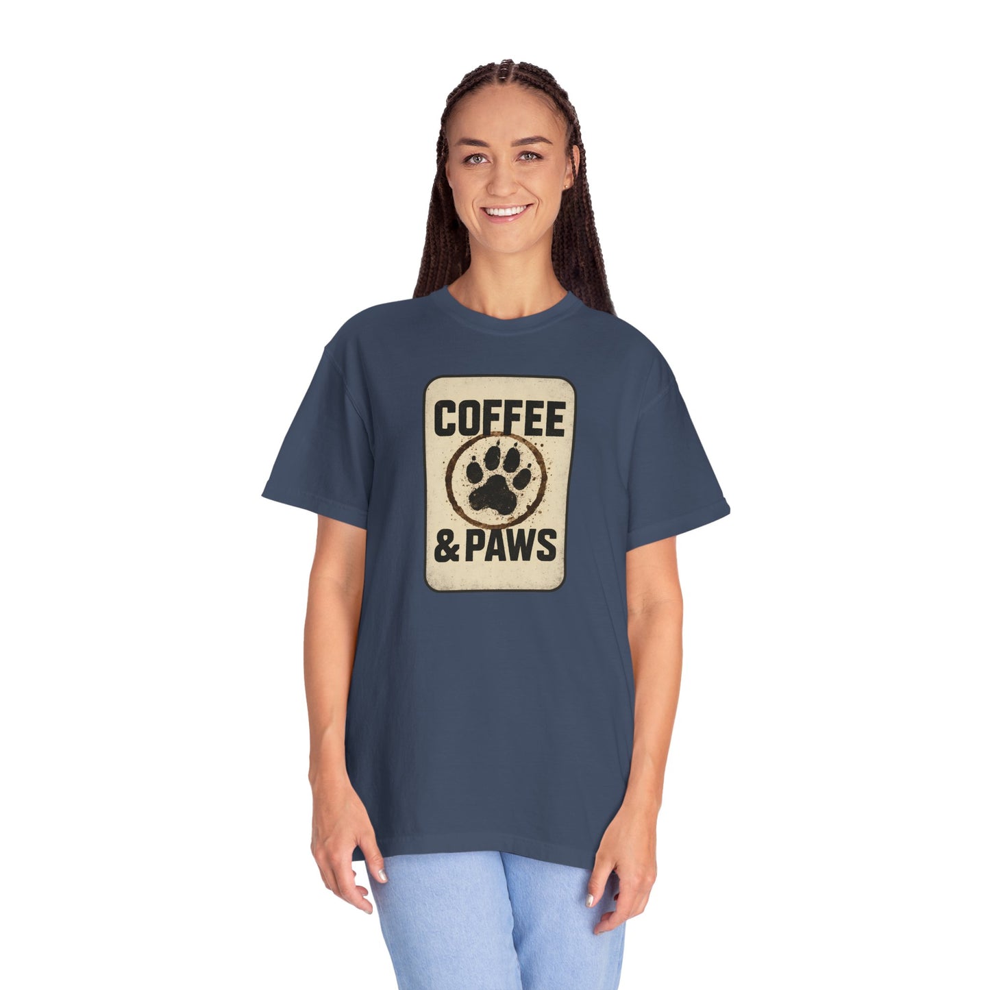 Coffee & Paws Unisex Garment-Dyed T-shirt, Dog Lover Tee, Pet Owner Gift, Coffee Lover Shirt, Animal Enthusiast Apparel, Casual Wear