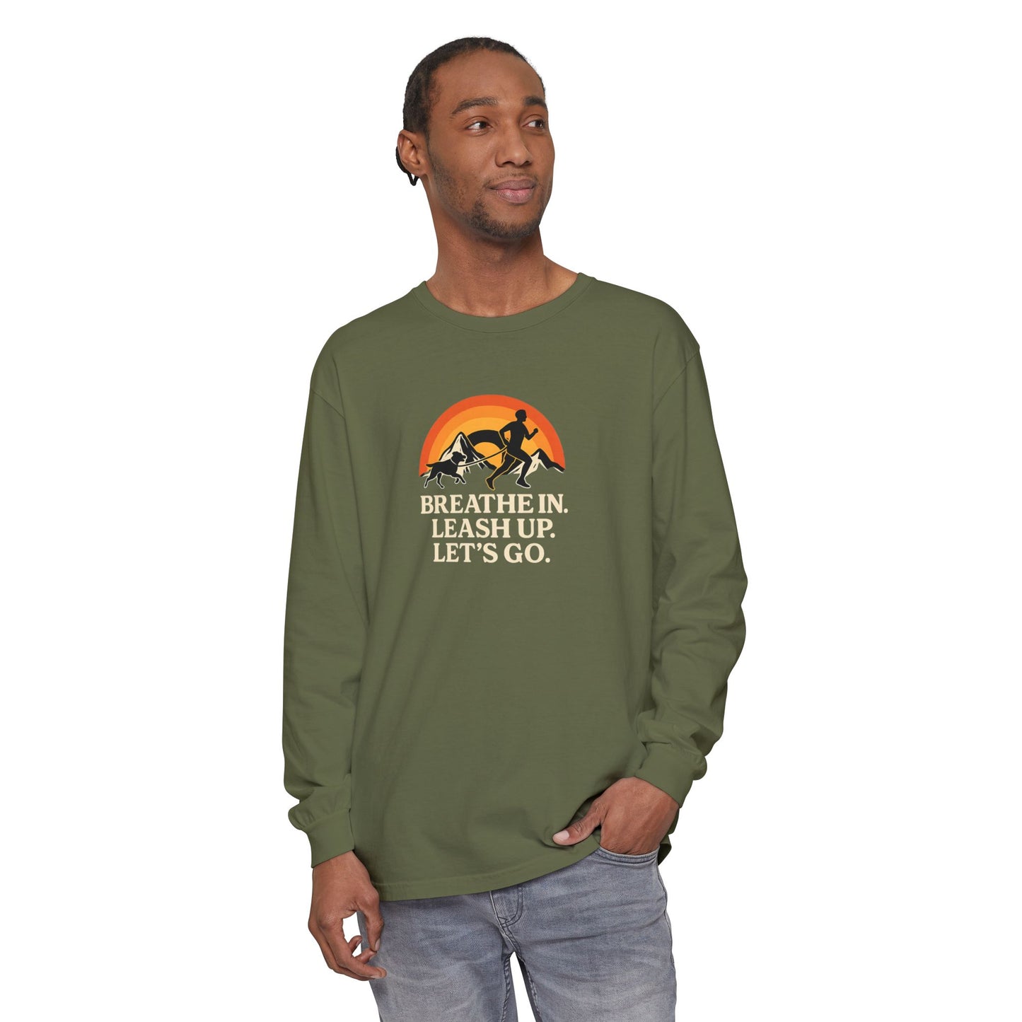 Canicross Unisex Long Sleeve T-Shirt - 'Breathe In, Leash Up, Let's Go'