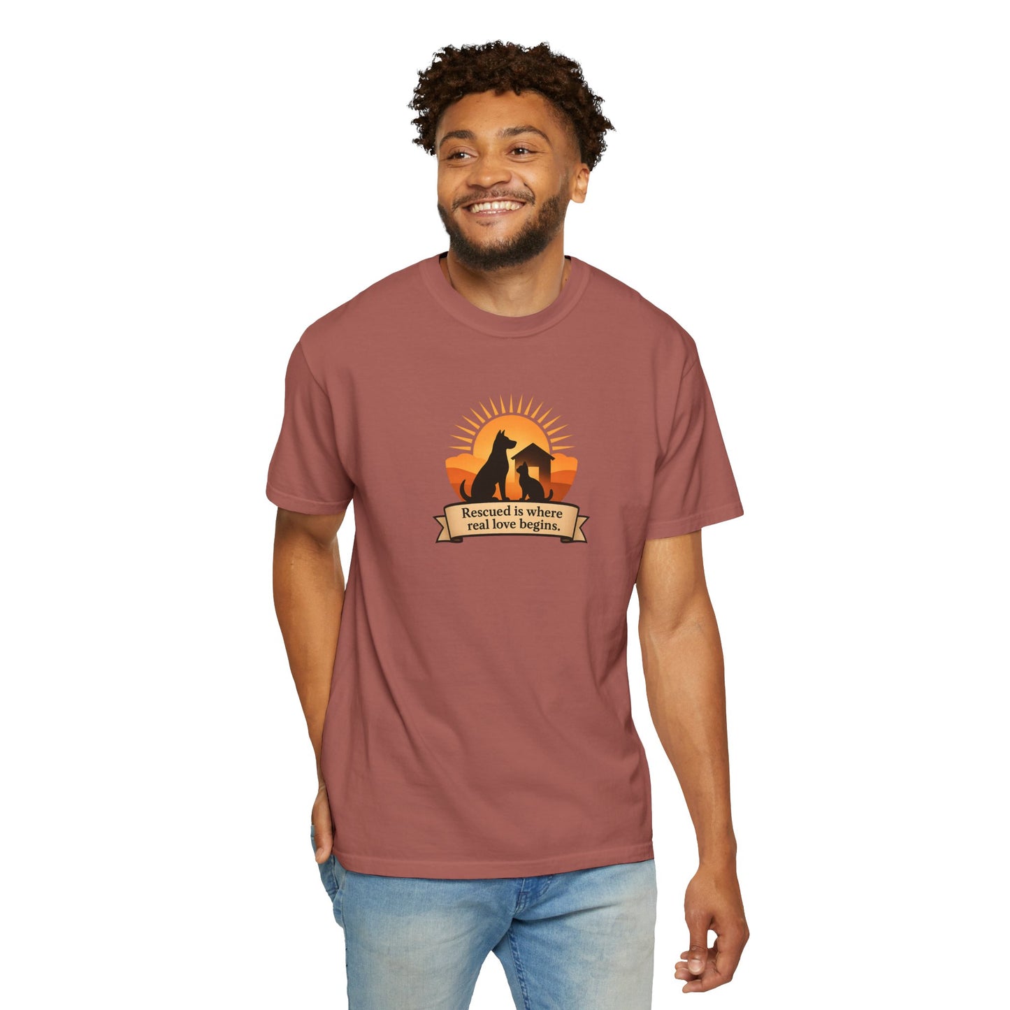 Rescued Is Where Real Love Begins Unisex Garment-Dyed T-Shirt - Perfect for Outdoor Lovers, Hiking, Gifts, Nature Enthusiasts, Casual Wear