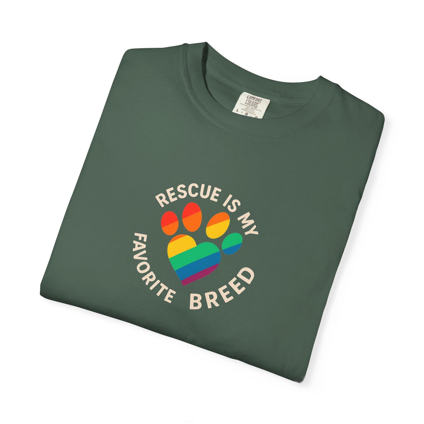 Rescue Is My Favorite Breed T-Shirt, Unisex Rainbow Dog Lover Tee, Pet Adoption Shirt, LGBTQ+ Apparel, Gift for Animal Lovers