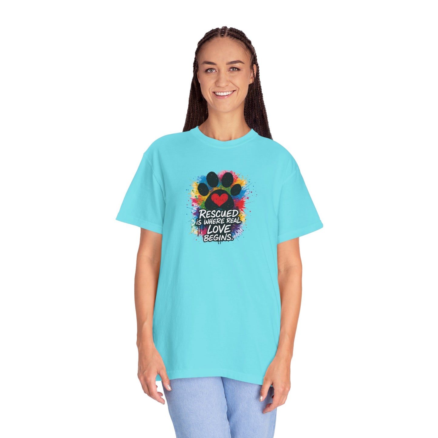 Rescued Is Where Real Love Begins T-Shirt | Paw Print Tee, Animal Lovers Gift, Dog Mom Shirt, Pet Adoption Awareness, Unisex Clothing