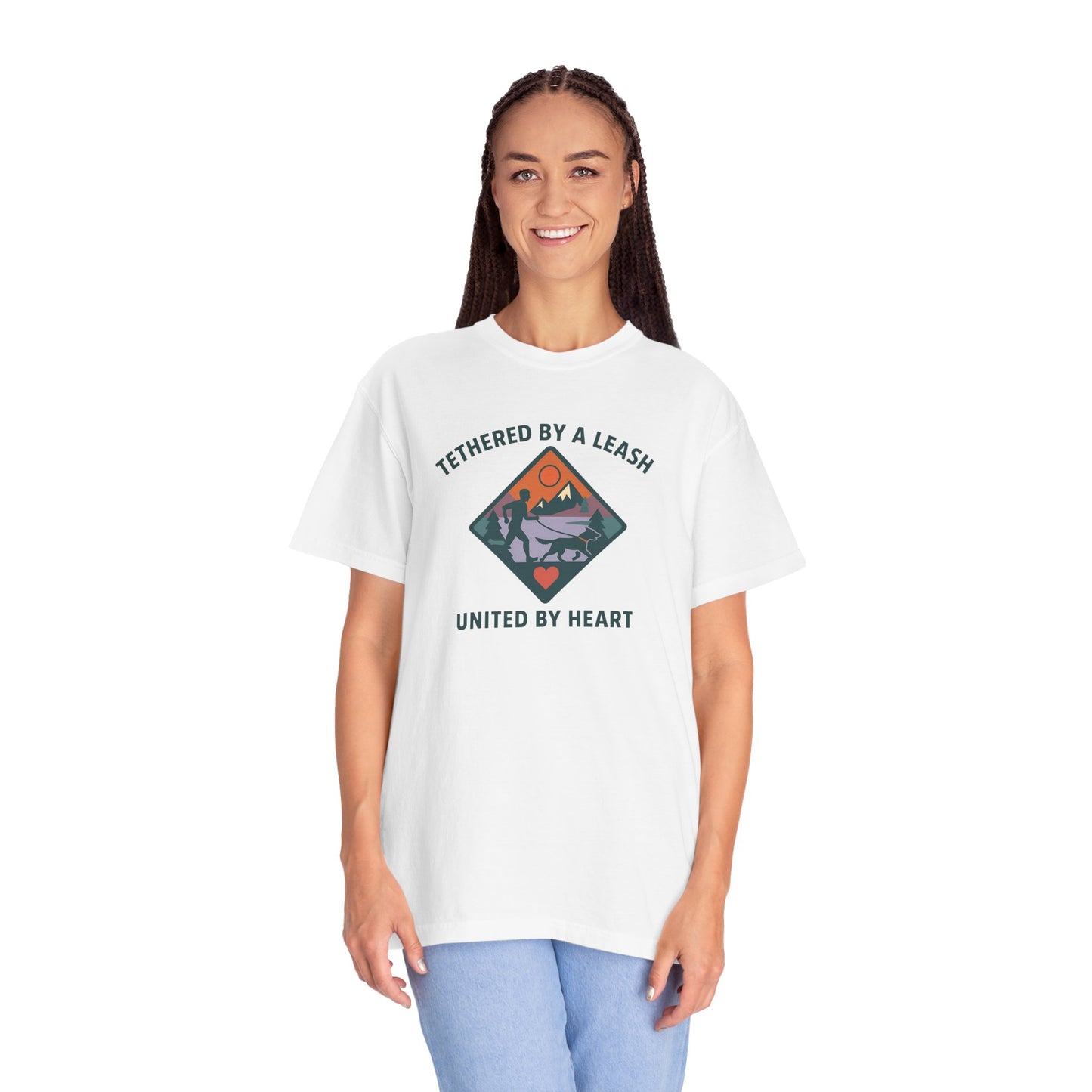 Canicross - Tethered by a Leash Unisex Garment-Dyed T-shirt - Adventure and Heart Design