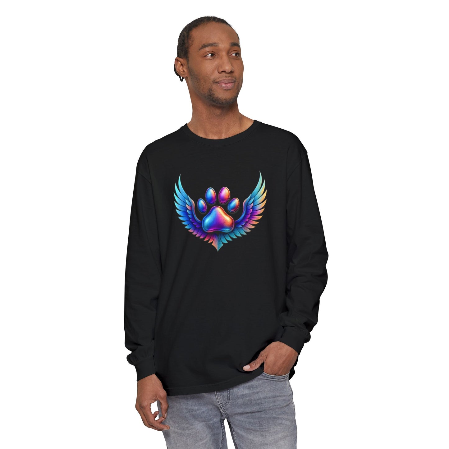 Colorful Paw Print Long Sleeve T-Shirt, Animal Lover Gift, Pet Memorial Tee, Winged Paw Shirt, Unisex Graphic Tee