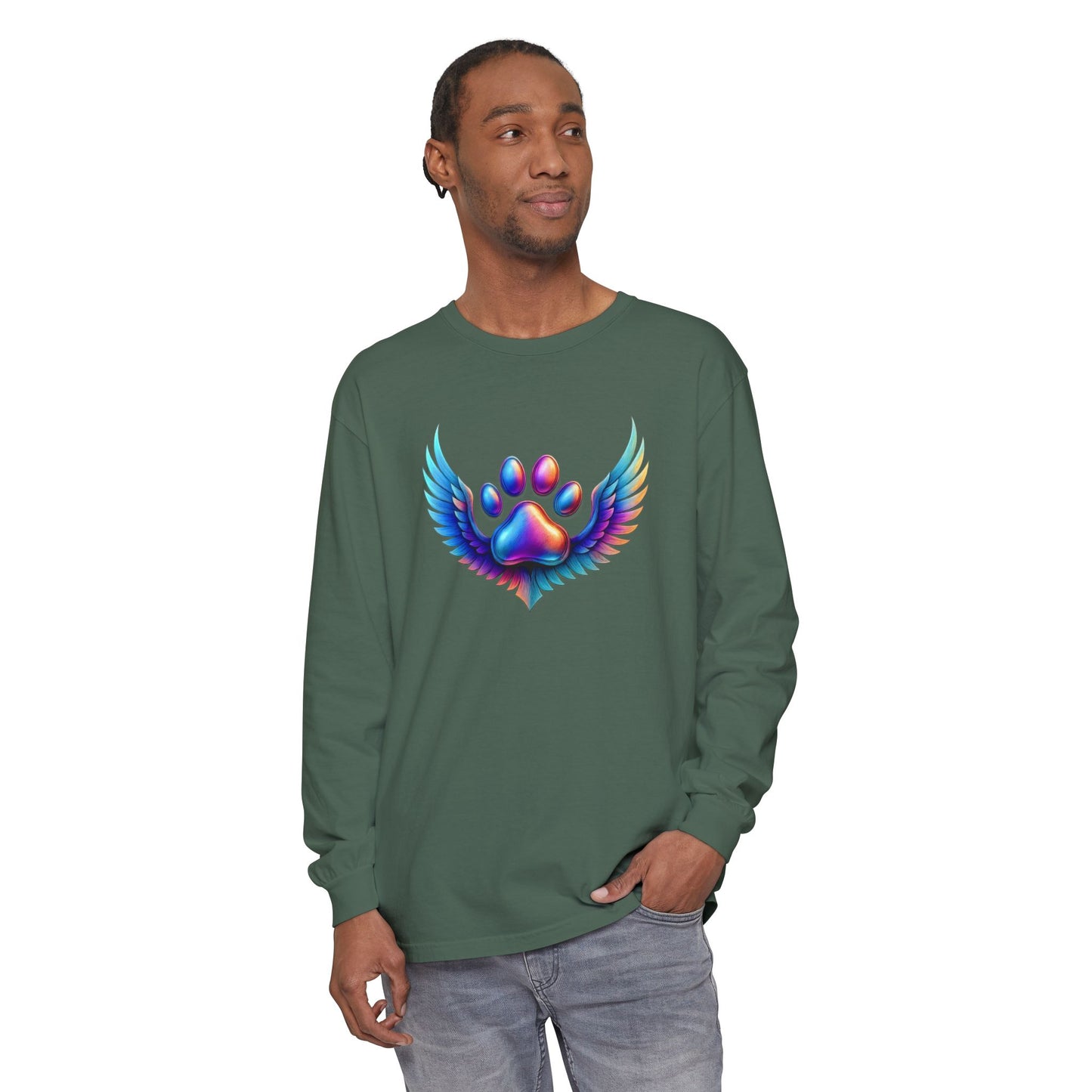 Colorful Paw Print Long Sleeve T-Shirt, Animal Lover Gift, Pet Memorial Tee, Winged Paw Shirt, Unisex Graphic Tee