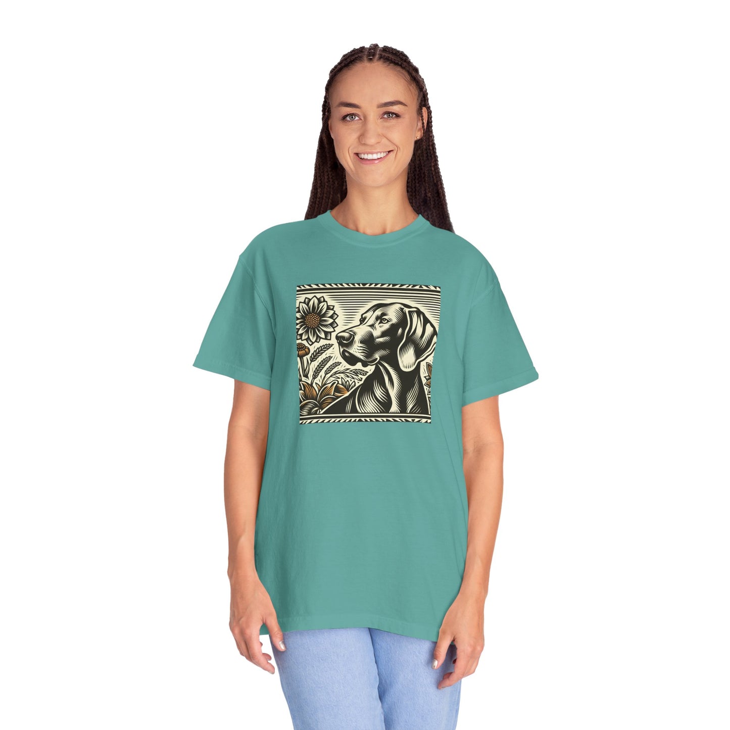 Weimaraner Dog Lover's Unisex Garment-Dyed T-Shirt with Floral Design