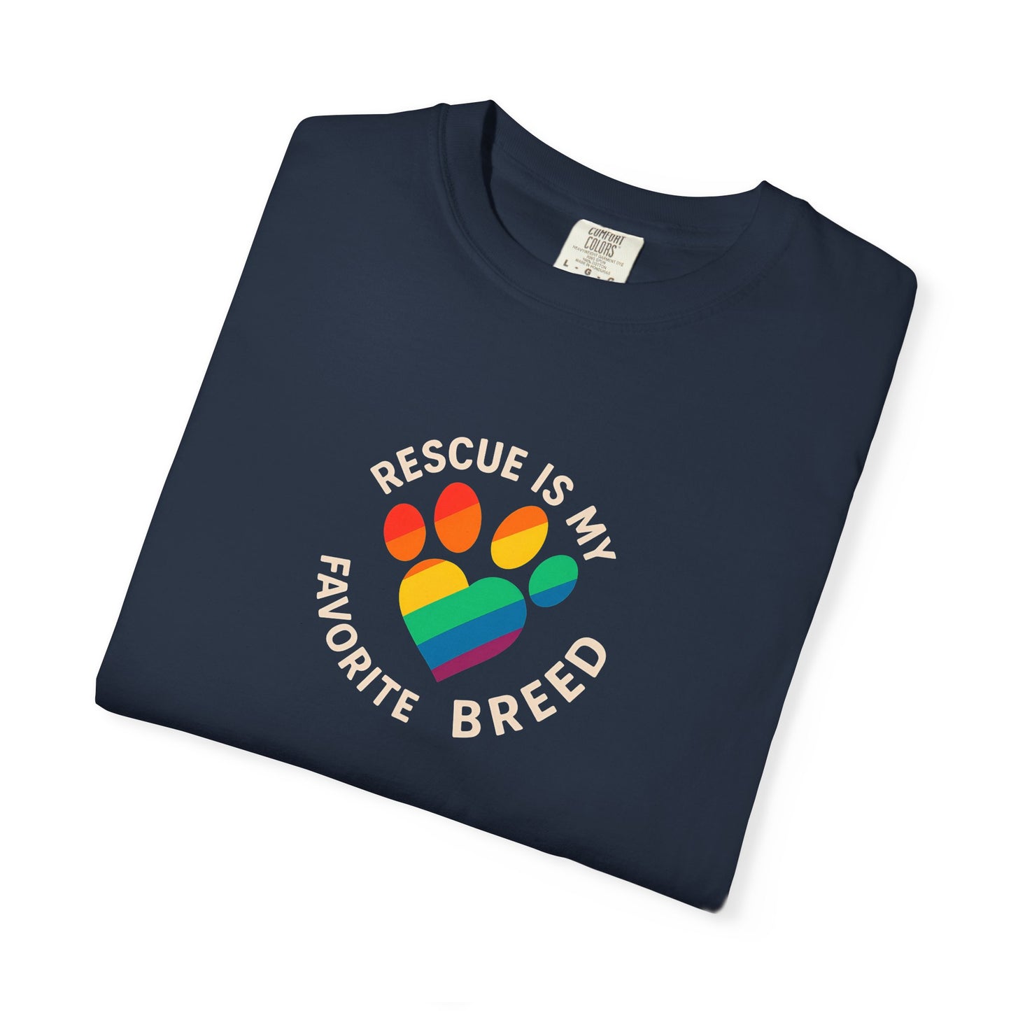 Rescue Is My Favorite Breed T-Shirt, Unisex Rainbow Dog Lover Tee, Pet Adoption Shirt, LGBTQ+ Apparel, Gift for Animal Lovers