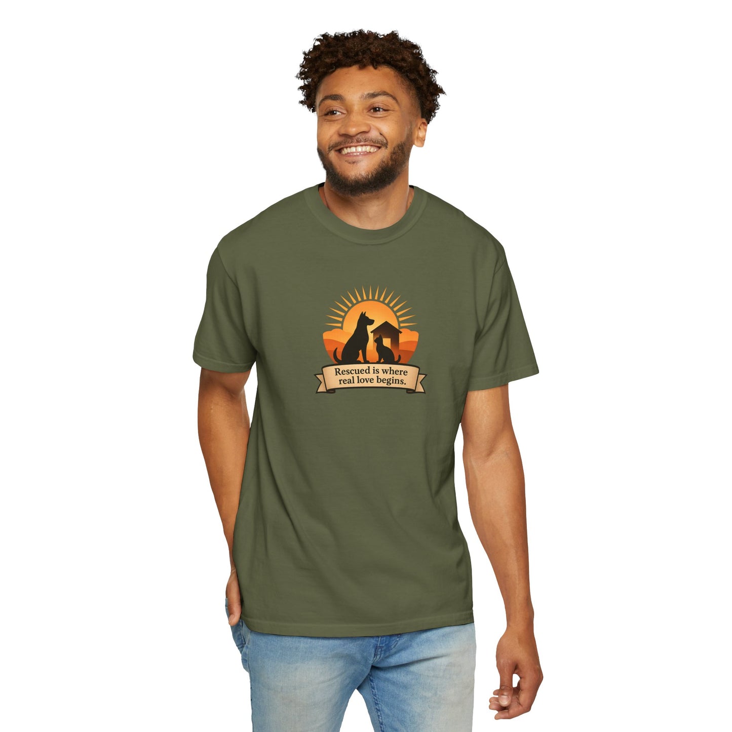 Rescued Is Where Real Love Begins Unisex Garment-Dyed T-Shirt - Perfect for Outdoor Lovers, Hiking, Gifts, Nature Enthusiasts, Casual Wear
