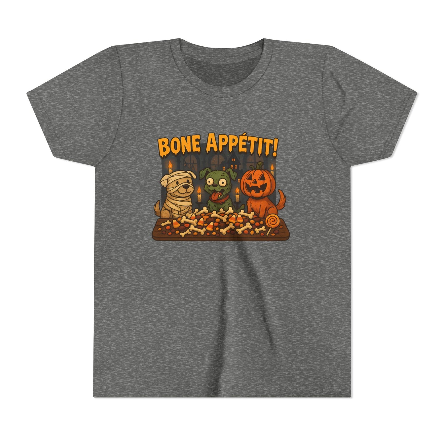 Halloween Kids Tee - Bone Appetit! Funny Short Sleeve Shirt for Trick or Treat, Spooky Season, Gift for Kids