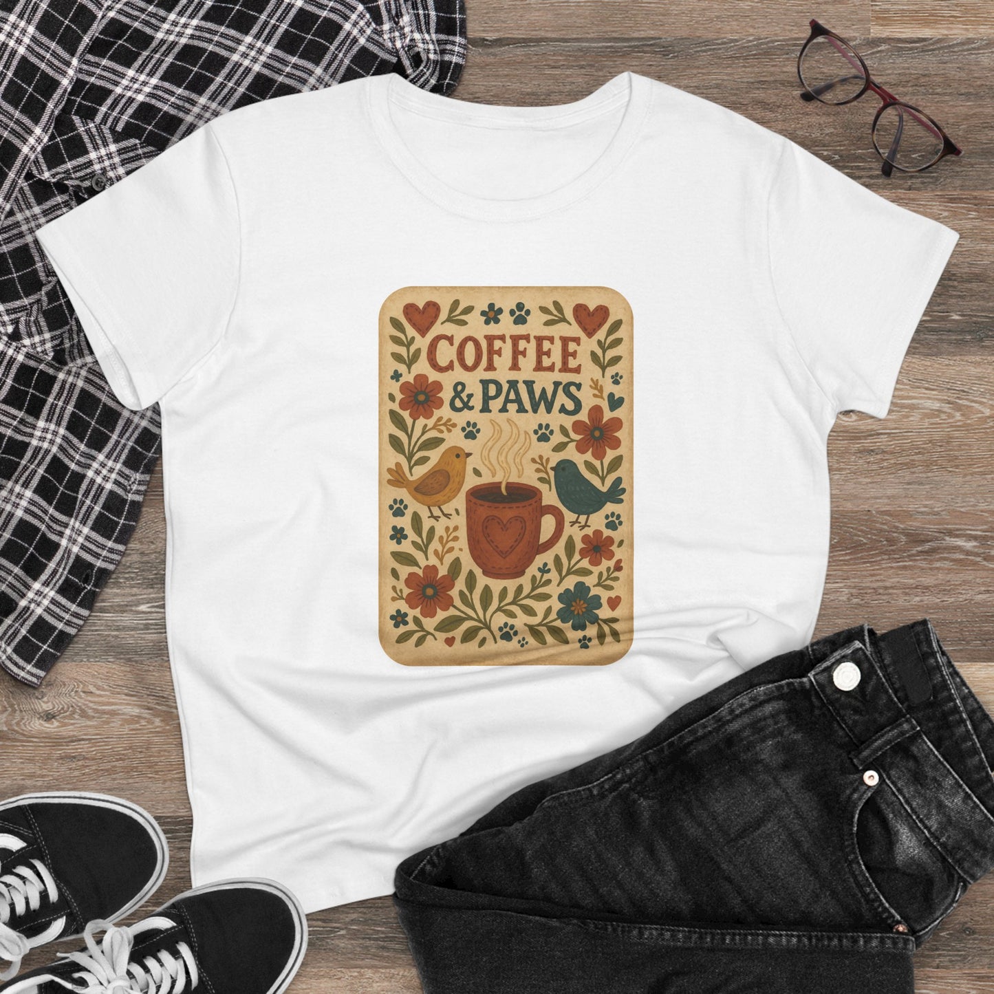 Coffee & Paws Women's Tee - Cozy Cotton Shirt for Pet Lovers, Casual Wear, Gift for Dog Owners, Dog Mom Merchandise, Animal Lover Tee