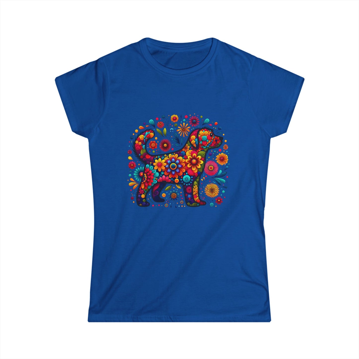 Women's Tee Colorful Dog and Flowers Artistic Design