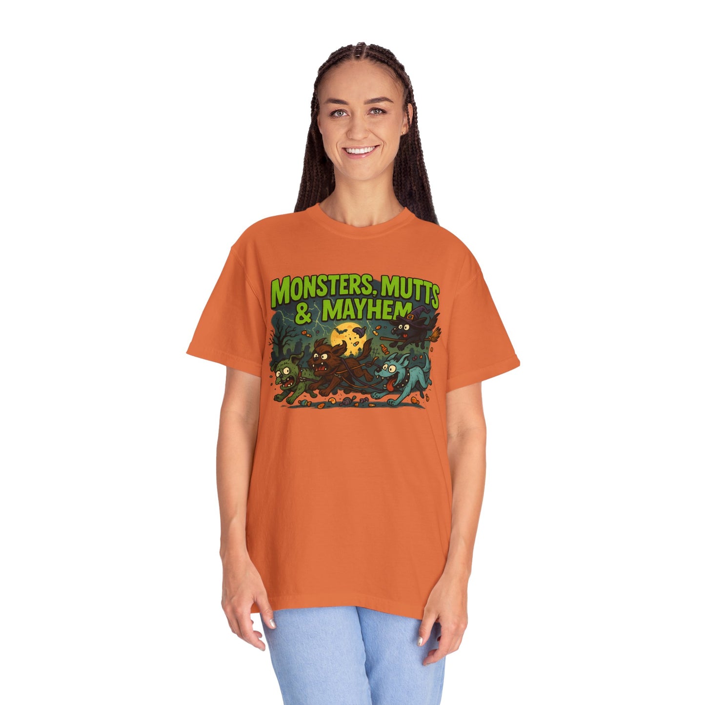 Monsters, Mutts & Mayhem Garment-Dyed T-Shirt, Vintage Style Tee, Animal Lovers Gift, Fun Graphic Shirt, Halloween Costume, Casual Wear